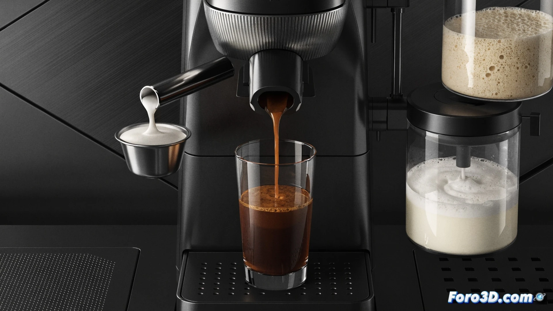 De'Longhi Eletta Explore superautomatic coffee machine dispensing cold brew into a glass cup in five minutes, steam rising from cold frothing wand simultaneously preparing hot milk foam next to it, espresso extraction from metal brewing unit while ice cubes sit in a second glass, Amazon Prime Day discount tag hovering above the machine, cinematic product photography style, polished stainless steel surfaces, condensation droplets on cold drink, warm backlighting contrasting cold steam, photorealistic commercial render, ultra-detailed bean hopper and drip tray
