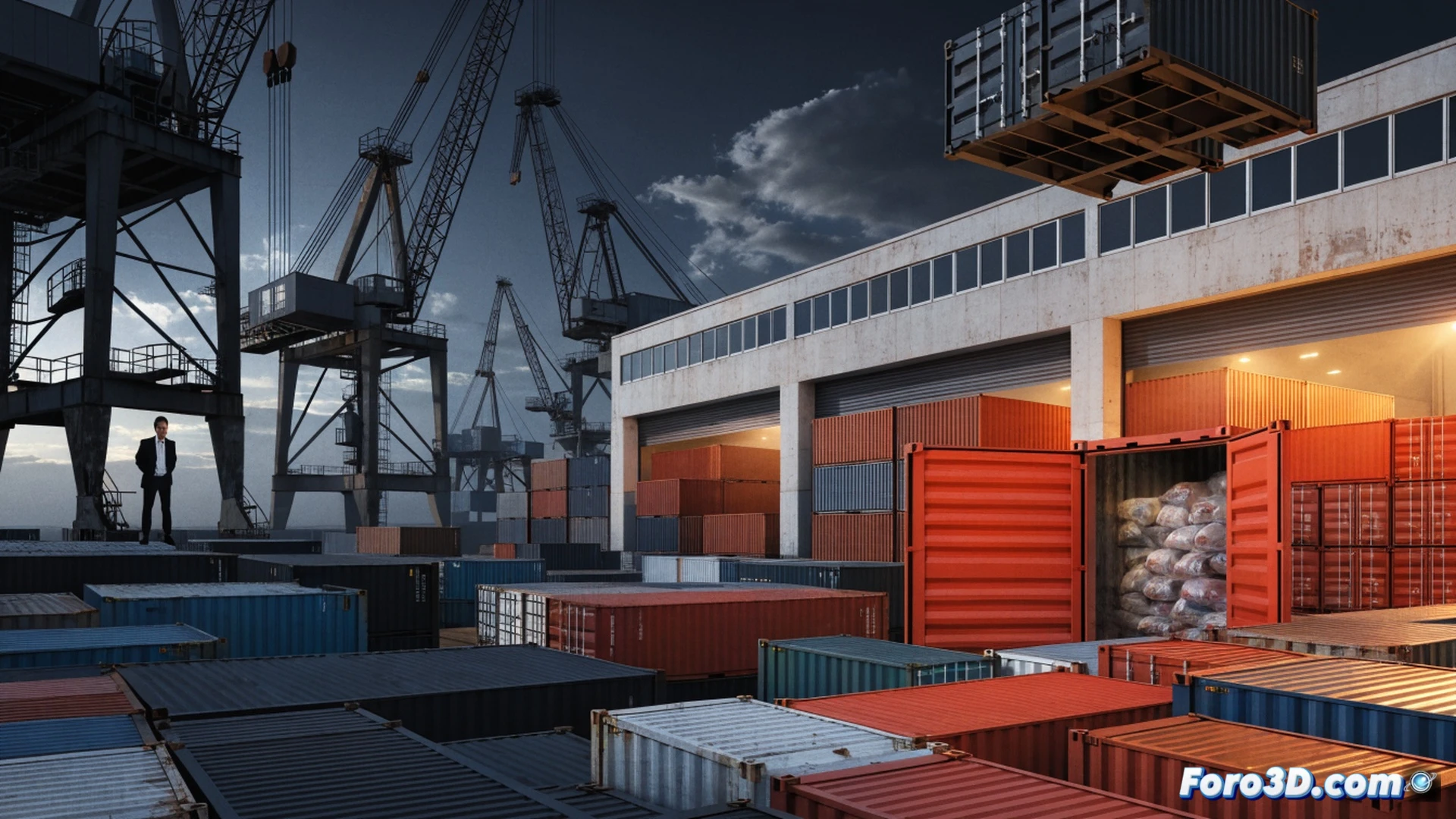Shipping container manufacturing facility interior, robotic arms welding container corners during assembly, price tag holograms floating above containers with red warning symbols indicating collusion, two businessmen in suits shaking hands behind glass while price graphs show doubling trend from 2019 to 2021, container ships visible through factory windows unloading at port, technical engineering visualization with industrial fluorescent lighting, metallic surfaces reflecting workshop lamps, photorealistic industrial render, dramatic shadows, precision welding sparks, cargo containers stacked in background, surveillance camera angles showing the entire production line