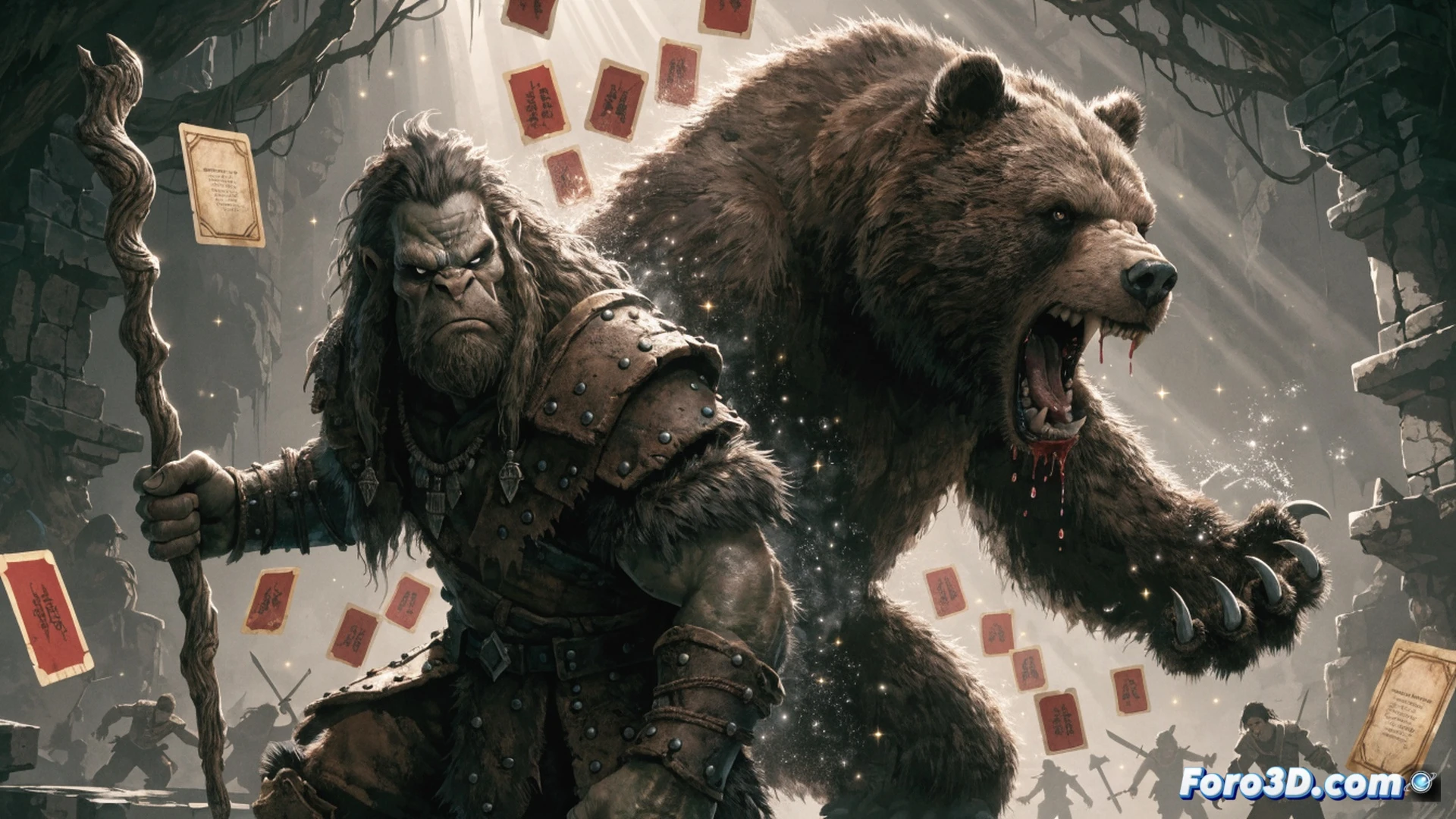 Nintendo Switch 2 tabletop mode displaying Demeo x D&D Battlemarked tactical combat, green-skinned orc druid mid-transformation into a massive bear, claws extended, fur and armor blending, digital card interface floating beside the action, dice roll animation on screen, Joy-Con controllers on each side, cinematic fantasy visualization, dramatic dungeon lighting, glowing particle effects around the morphing body, photorealistic technical render, detailed fur texture and leather armor, action frozen during the transformation process