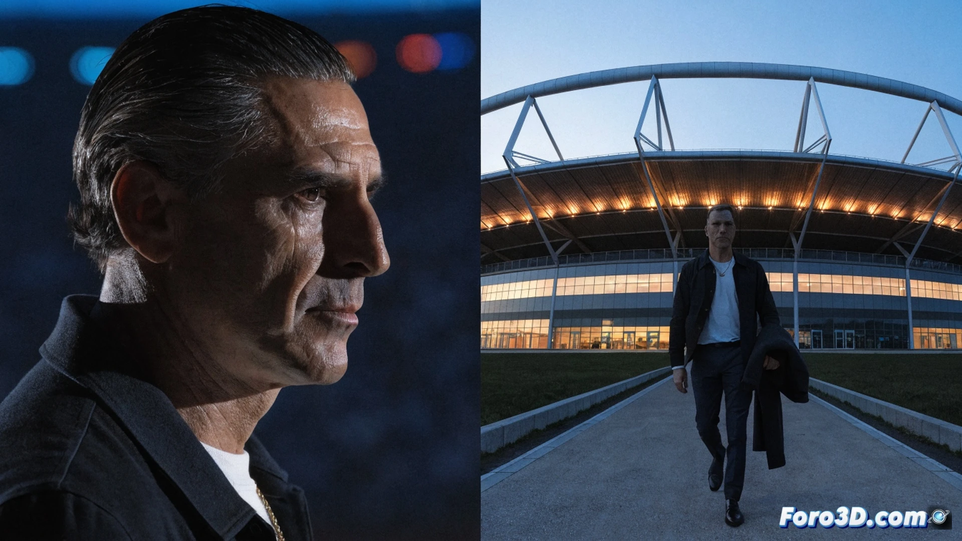 A football manager in a dark suit walking away from a stadium exit door, a signed contract with a Bundesliga logo on a clipboard falling into a briefcase, training cones and a Segunda Division team badge abandoned on a wet bench, cinematic photorealistic illustration, dramatic overcast lighting, raindrops on concrete, blurred background of an empty stadium, technical sports visualization
