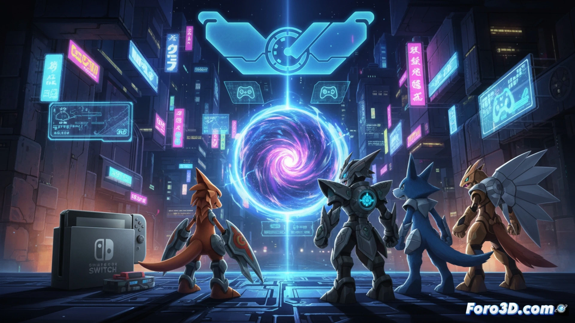 young adult gamer holding a Nintendo Switch console, glowing Digimon creature emerging from the screen during a turn-based battle, translucent blue digital particles floating around the device, game interface showing save data transfer icon with a progress bar, couch and coffee table setting, cinematic lighting with neon blue accents, photorealistic technical illustration, dynamic action pose, fingers pressing buttons, console screen reflecting light, hyper-detailed textures on the creature and hardware, dramatic shadows emphasizing the digital world connection