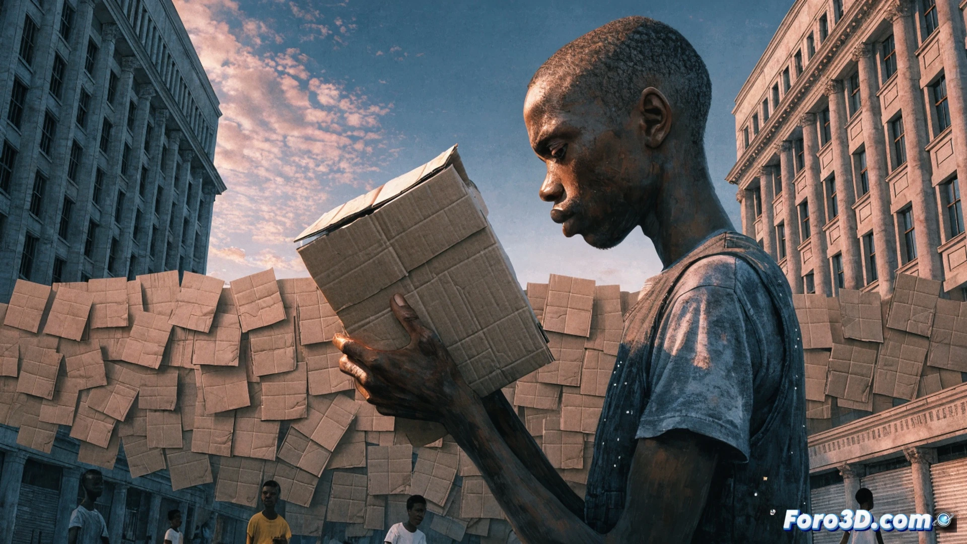 African youth protesters holding cardboard ballot boxes with cracked edges, a voting booth collapsing under broken machinery, gears and levers disconnected from a central hub, one young person using a tablet showing a participatory budget interface, another holding a sign made of recycled materials, street barricades in background, photorealistic cinematic style, dramatic overcast lighting, rusted metal and torn paper textures, action of tearing down a fake electoral structure, debris scattered on ground, ultra-detailed urban setting, technical illustration with mechanical failure symbolism