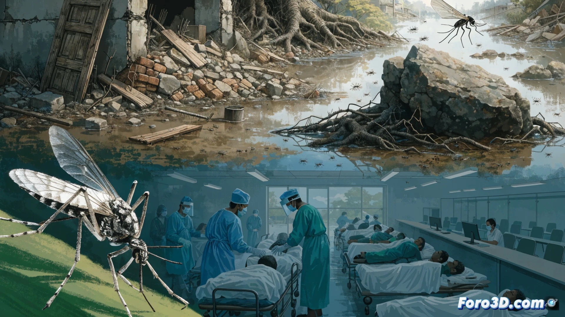 dengue outbreak scene in Sri Lanka, flooded urban street after cyclone, stagnant water pools filled with debris and tires, mosquito larvae visible in standing water, workers in protective gear spraying insecticide near piles of trash, hospital entrance overcrowded with patients on stretchers, doctors in masks attending to febrile individuals, broken palm trees and corrugated metal sheets scattered, dark storm clouds retreating, humid atmosphere, photorealistic documentary style, dramatic low-angle sunlight breaking through clouds, ultra-detailed textures of wet concrete and rotting leaves, cinematic crisis visualization
