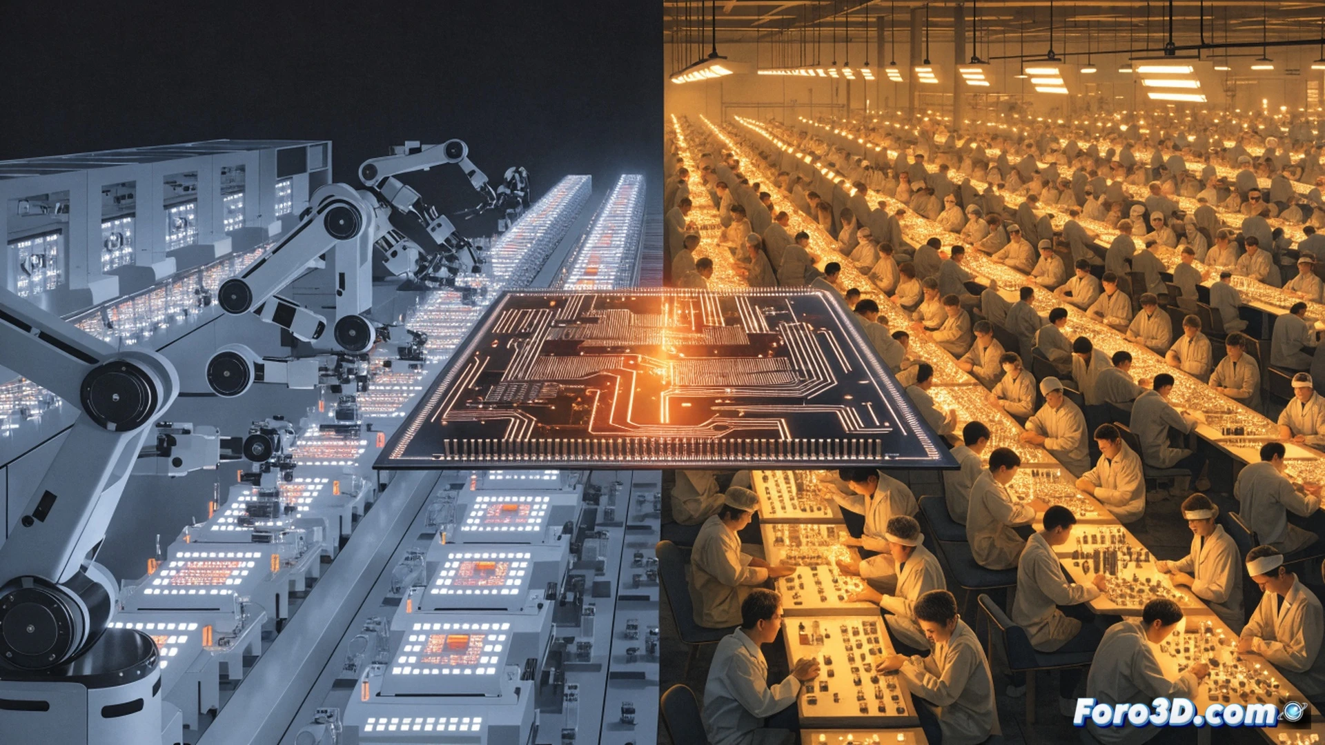 circuit board assembly line in a high-tech factory, robotic arms placing microchips onto green motherboards, a broken gear labeled with western flag colors lying discarded on the conveyor belt, while a chinese worker holds a magnifying glass inspecting a chip, glowing blue data streams connecting factory machines to a global supply chain map on a holographic monitor, cinematic photorealistic technical illustration, dramatic shadows, metallic reflections, intense industrial lighting, ultra-detailed components, engineering visualization