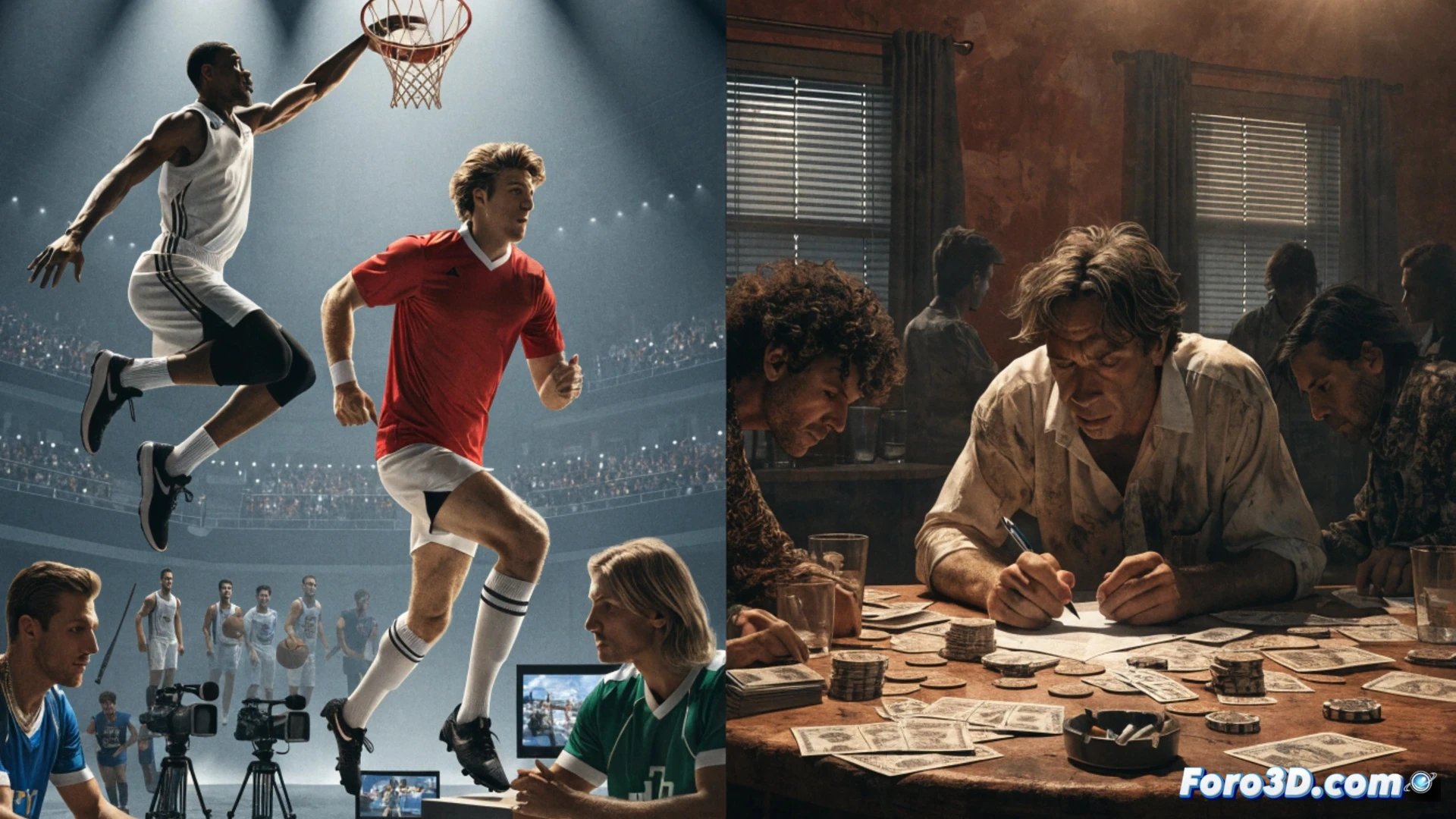 athlete in golden trophy pose holding a smartphone displaying a betting app interface, shadowy figures of families collapsing into debt around his feet, glowing roulette wheels and poker chips floating in the air like smoke, stadium crowd cheering in the background while a young boy watches the athlete with admiration, the boy s hand reaching toward a glowing slot machine lever, cinematic photorealistic style, dramatic chiaroscuro lighting, high contrast, ultra-detailed textures on the smartphone screen showing loss counters and spinning reels, tension between celebration and destruction, no text or numbers visible, wide angle composition