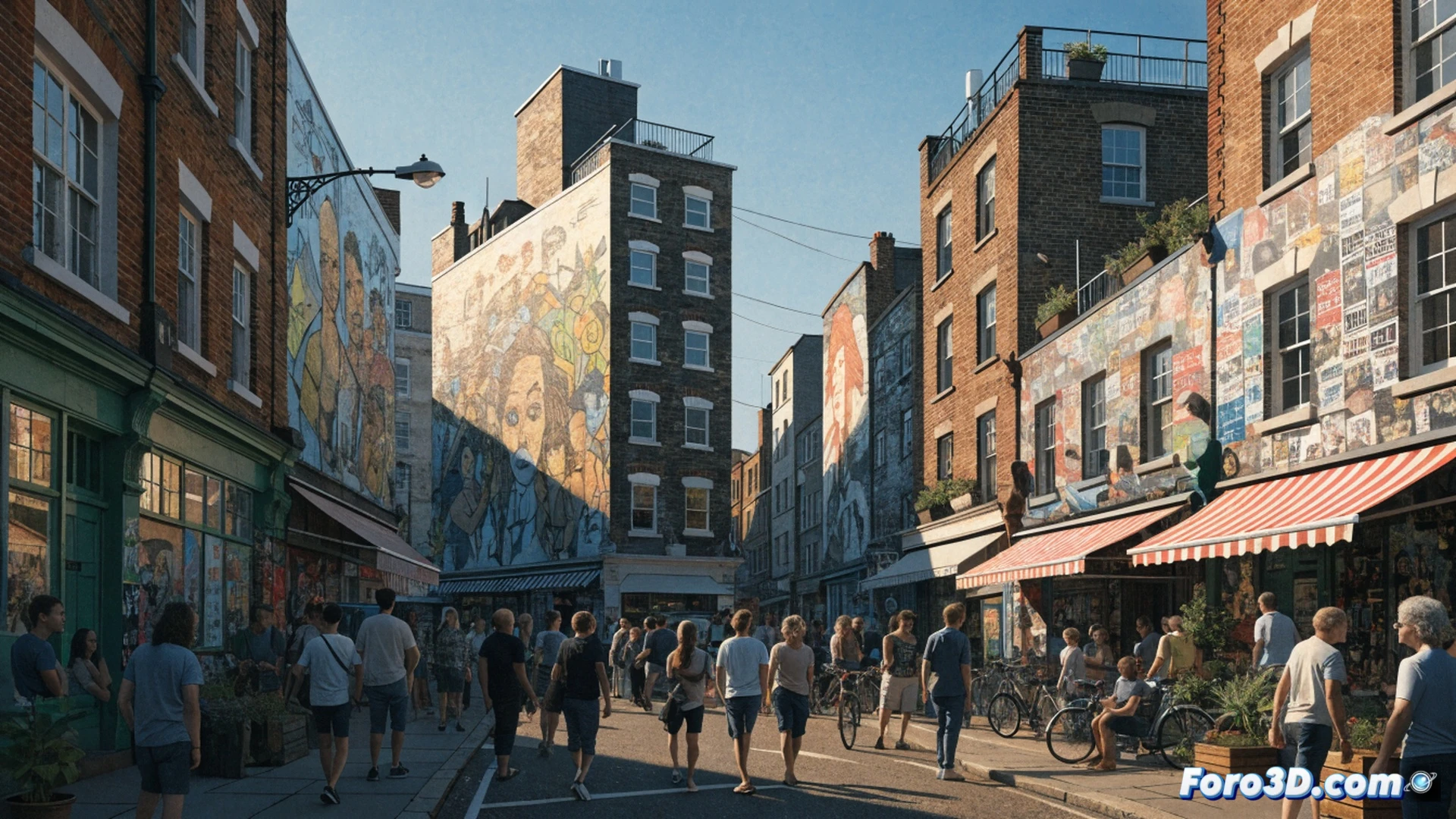 Deptford high street mural painting scene, local residents holding paintbrushes and rollers while applying colorful geometric patterns onto brick walls, small shopkeeper handing out tea from a cafe doorway, children drawing on pavement with chalk, no logos or corporate branding visible, cinematic documentary style, warm afternoon sunlight casting long shadows, photorealistic urban photography, diverse group of people collaborating, street furniture like benches and planters being arranged by volunteers, genuine smiles and handshakes between neighbors, gritty yet vibrant London street atmosphere