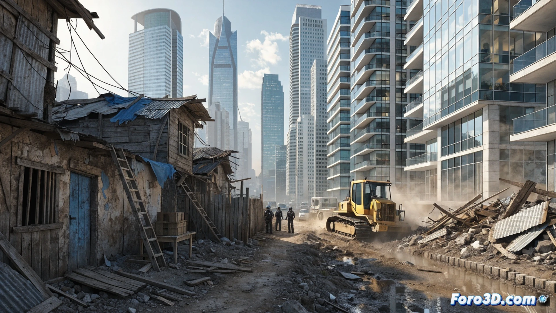 Photorealistic urban scene showing a bulldozer demolishing a makeshift shack while displaced family walks away carrying belongings in cardboard boxes, foreground reveals broken furniture and scattered personal items, background shows luxury apartment towers under construction, muddy ground with construction debris, gray overcast sky, cinematic documentary style, dramatic shadows, high contrast, detailed textures of corrugated metal and cracked concrete, wide-angle lens perspective emphasizing spatial inequality, raw emotional atmosphere, technical architectural visualization