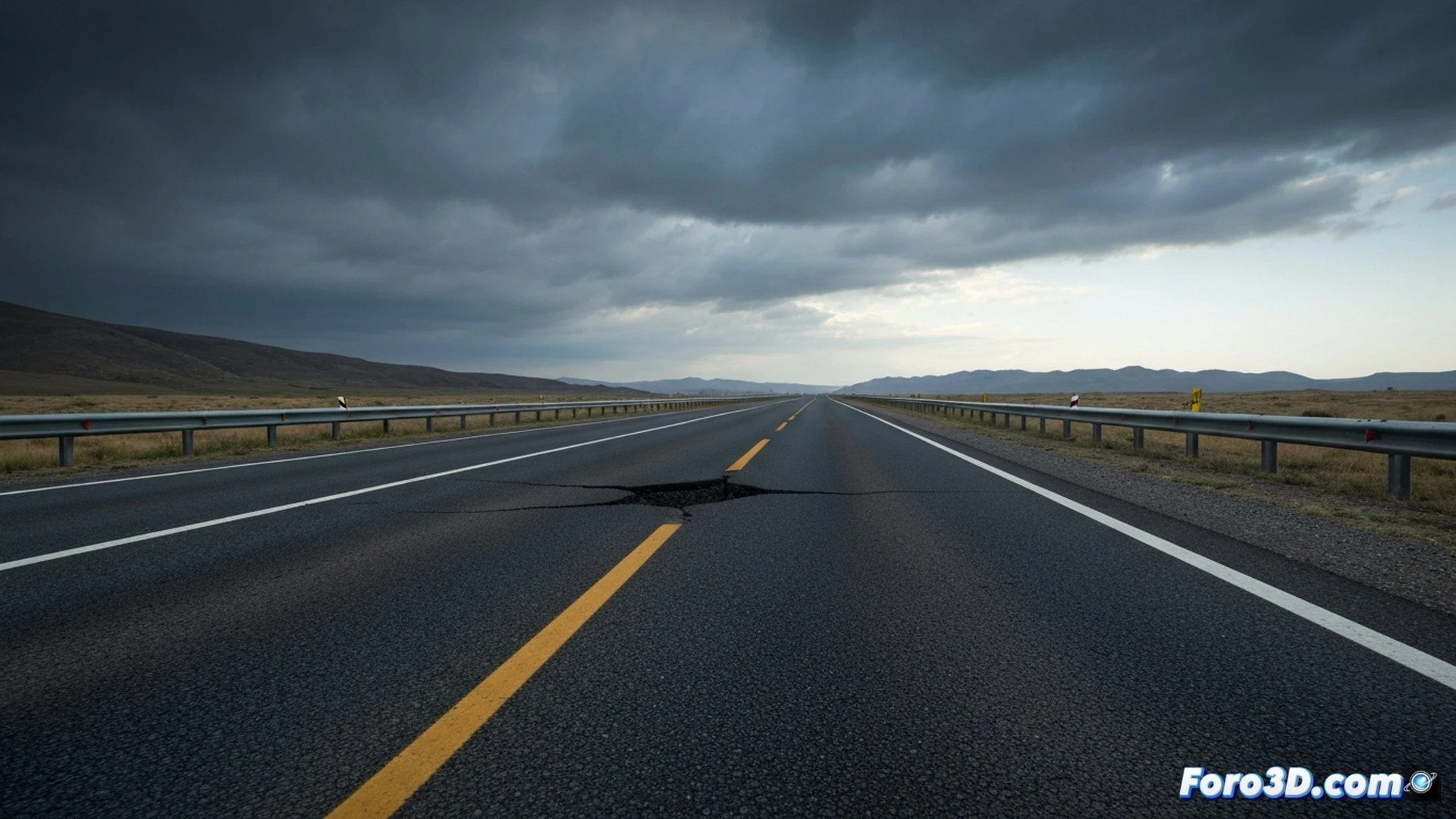 carretera de asfalto agrietada mostrando desalineación del pavimento, vehículo cruzando la zona mientras sus neumáticos traseros levantan polvo por vibración irregular, medidor de alineación láser portátil sobre el suelo mostrando desplazamiento horizontal, cinta métrica y nivel de burbuja junto a una grieta profunda, fondo de colinas con señales de movimiento sísmico, estilo fotorealista de ingeniería civil, iluminación diurna nublada, textura rugosa del asfalto desgastado, sombras marcadas por el sol oblicuo, composición técnica con enfoque nítido en los instrumentos de medición