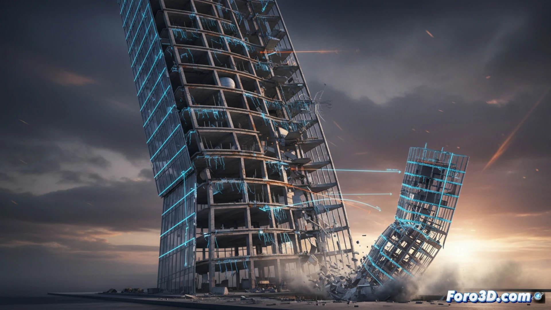 Edificio con vigas y columnas deformadas, grietas en muros, simulacion 3D de colapso estructural progresivo