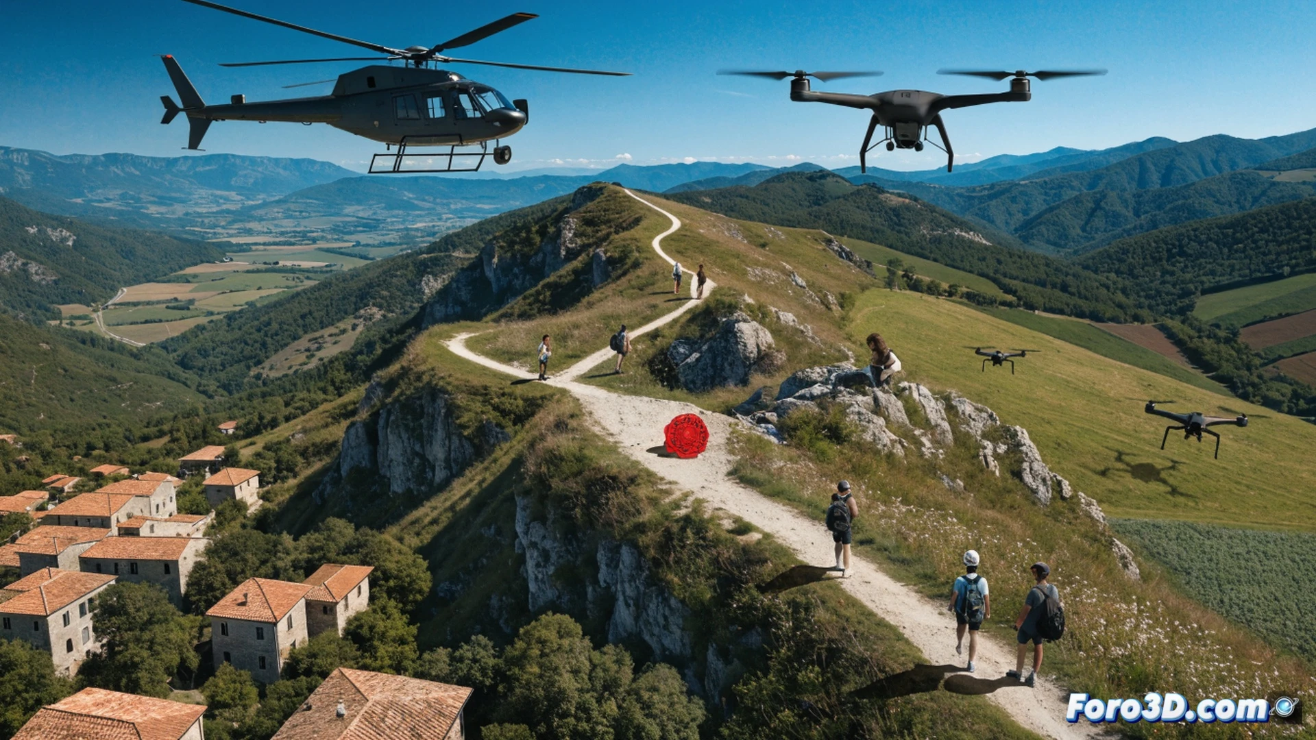helicóptero de rescate sobrevolando el lago Barrea al amanecer, dos drones pequeños patrullando un sendero de montaña rocoso, un broche rojo brillante yacente sobre una piedra gris como foco central de la escena, bomberos con mochilas técnicas inspeccionando el terreno mientras carabineros examinan mapas topográficos en tabletas, niebla baja entre pinos, luces de búsqueda barriendo laderas, estilo cinematográfico fotorrealista, iluminación dramática de amanecer, texturas detalladas de roca y vegetación, atmósfera tensa de operación de rescate, colores fríos con acento rojo del broche, profundidad de campo mostrando la inmensidad del paisaje
