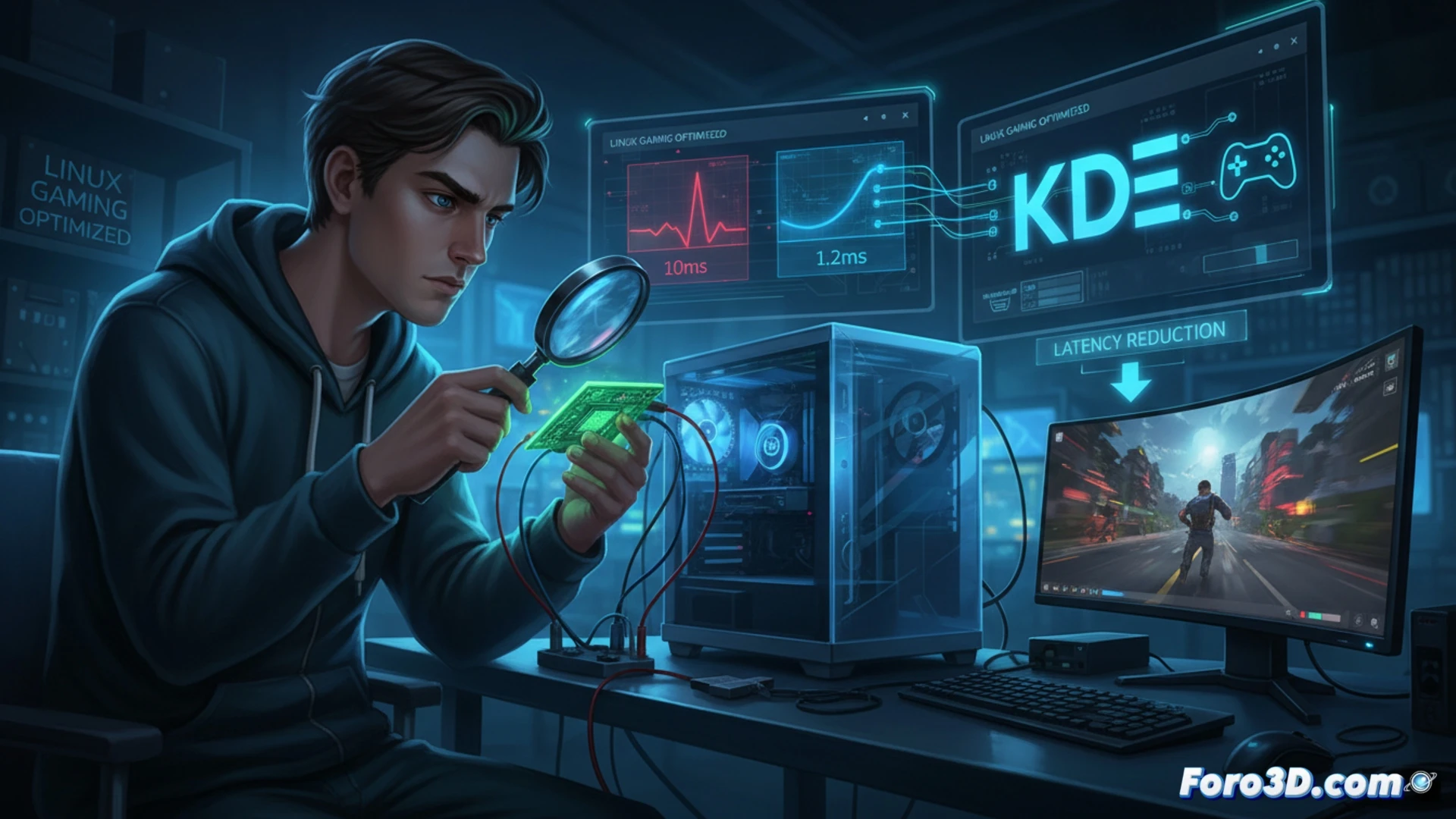 linux gaming performance optimization scene, developer connecting microcontroller to desktop PC via USB cable, oscilloscope display showing latency waveform comparison between Windows and Linux, monitor split-screen with KDE Plasma desktop and game window running with V-Sync active, KWin compositor settings panel open showing patched code, green and red latency bars graph on secondary display, keyboard and mouse on desk, developer hand adjusting microcontroller probe, cinematic engineering visualization, dark ambient room with blue LED glow from PC components, photorealistic technical render, ultra-detailed circuitry and software interface, dramatic side lighting highlighting hardware connections