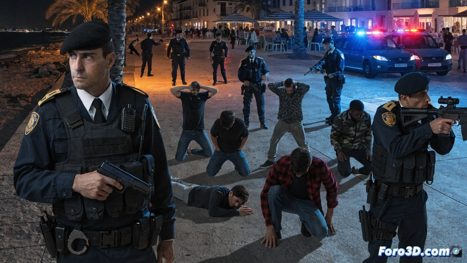 Photorealistic cinematic scene of a nighttime street in Playa de Palma, three plainclothes police officers in tactical vests restraining two violent attackers during a robbery attempt, one victim’s smartphone falling to the ground, broken screen visible, crowd of tourists backing away in blurred motion, neon bar signs glowing blue and red, forensic evidence markers on the cobblestone, police radio and handcuffs in clear view, dramatic high-contrast lighting, ultra-detailed textures of leather jackets and metal badges, action frozen mid-struggle, technical crime scene reconstruction visualization