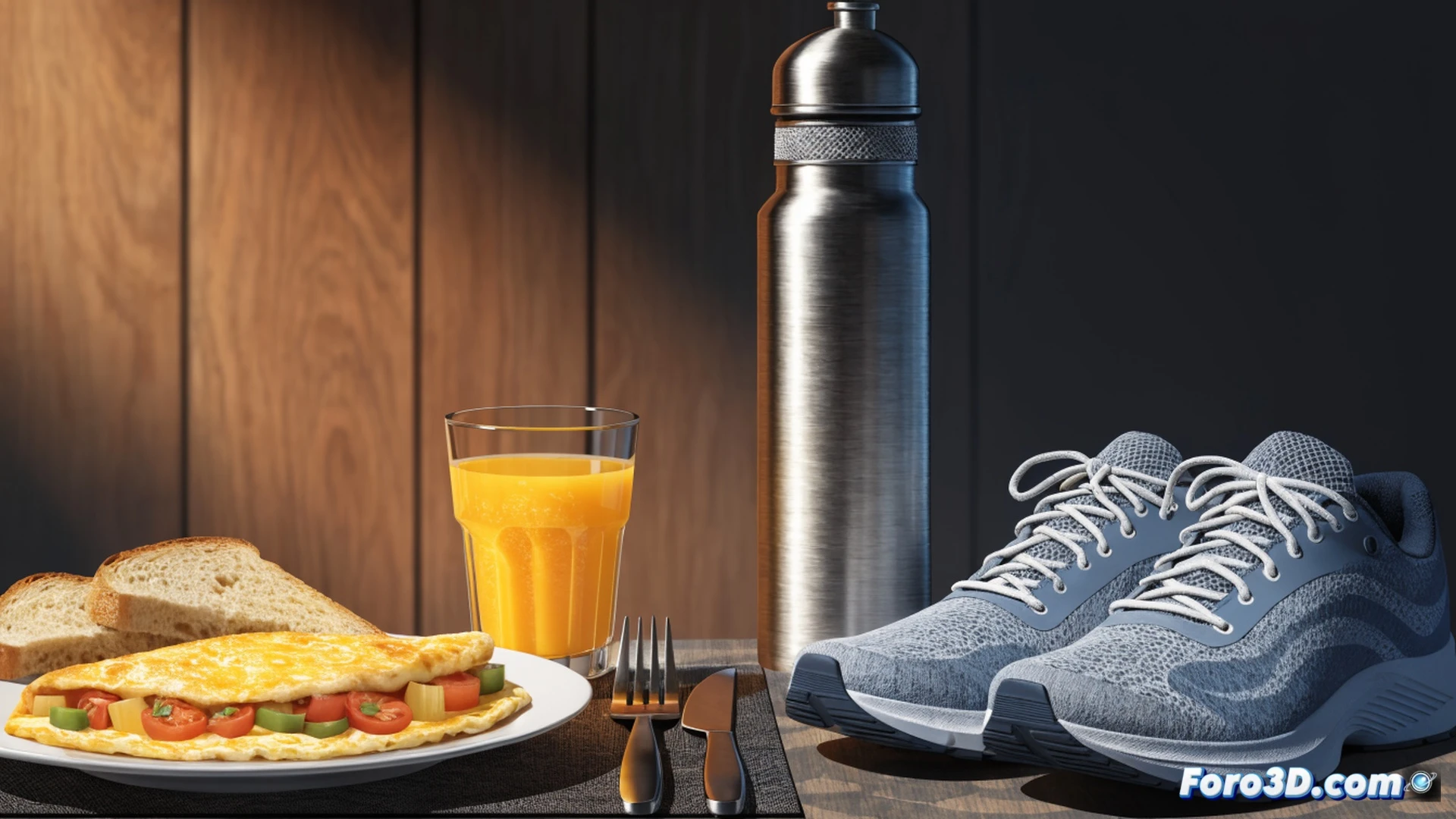 anatomical cutaway of a human torso during morning meal, fork lifting a piece of whole-grain toast toward open mouth, clock face on wall showing 7:00 AM, small digital timer counting down from 4:0 hours to 1:0 hours, stomach region glowing with soft orange energy particles moving toward leg muscles, running shoes beside table, photorealistic technical illustration, cinematic lighting, sharp focus on digestive process and energy transfer, clean kitchen background, scientific visualization style