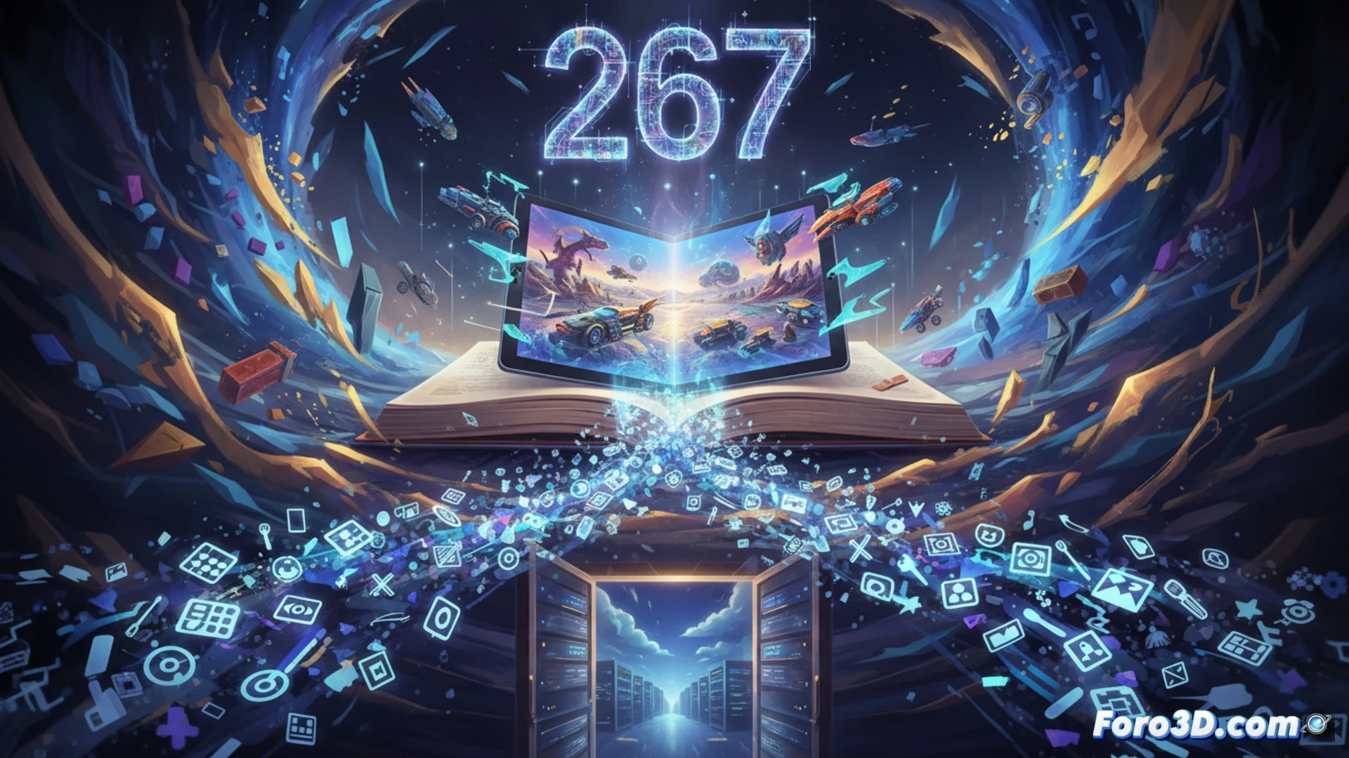 Un artista digital descarga archivos de ImagineFX, con tableta y pantalla de arte, frente a portada del número 267.