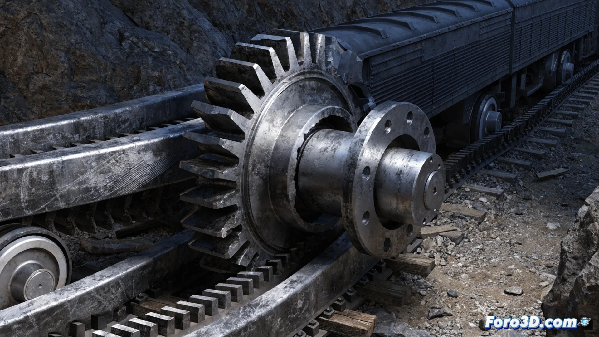 engineering visualization of a rack railway pinion gear with severe fatigue cracks, macro close-up on fractured tooth surface showing crystalline brittle failure and beachmark striations, FEA simulation overlay with stress concentration heatmap in red-orange gradient, gearsystem partially disassembled with inspection tools nearby, scanning electron microscope imagery inset showing microstructural damage, dramatic side-lighting emphasizing crack propagation paths, metallic reflections on hardened steel surfaces, ultra-detailed mechanical wear patterns, photorealistic technical illustration, cinematic industrial lighting, dark background with precision engineering focus