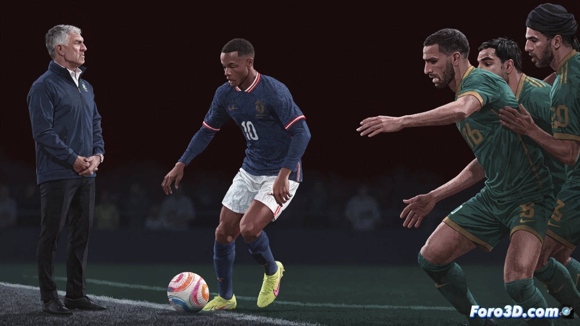 Bradley Barcola sprinting past an Iraqi defender on a rain-slicked pitch, ball at his feet during a high-speed counterattack, French teammates making overlapping runs in the background, tactical formation lines overlaying the grass, Didier Deschamps observing from the sideline with a clipboard, stadium floodlights casting dramatic shadows, photorealistic sports photography style, motion blur on players legs, wet turf splashing, dynamic athletic poses, cinematic match lighting, ultra-detailed jersey textures, tactical diagram glowing faintly on the field surface