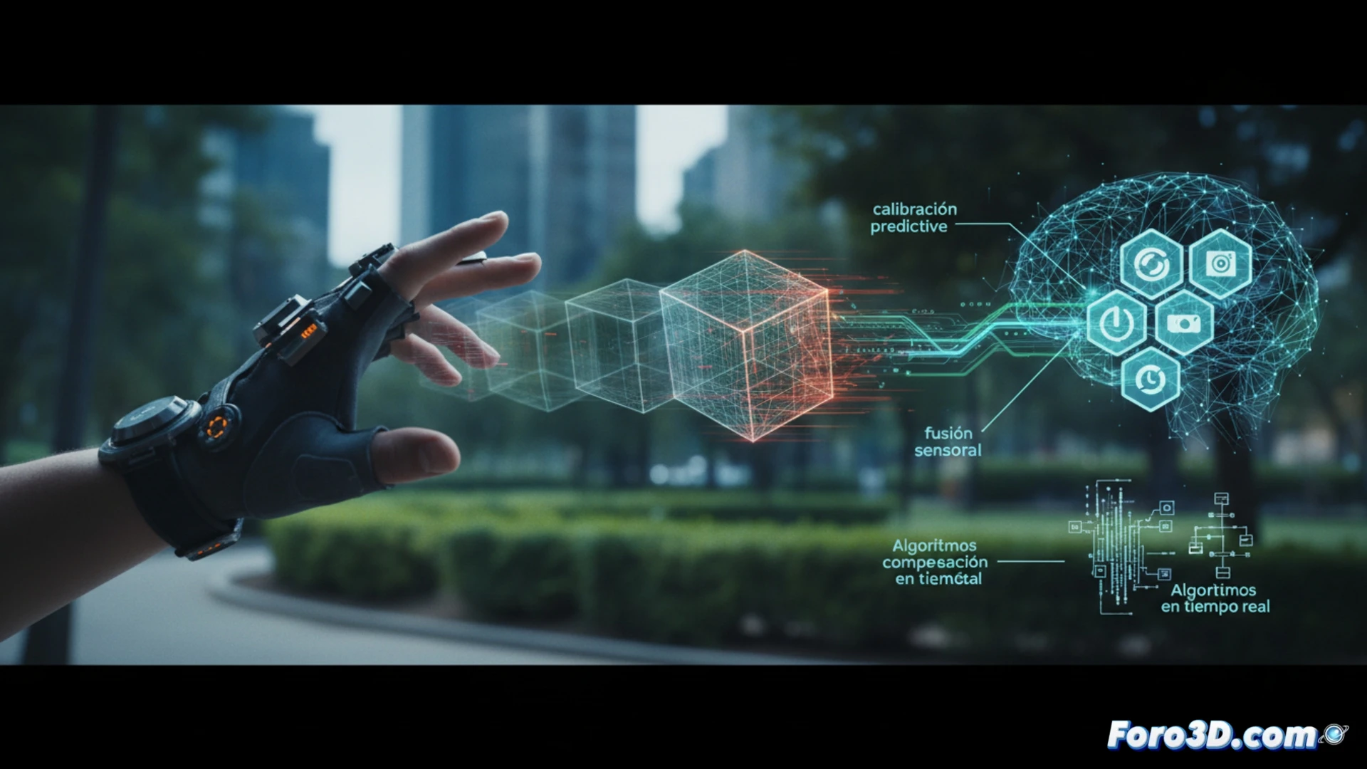 Diagrama de desfase entre objeto virtual y entorno real en AR, con flechas de latencia y corrección