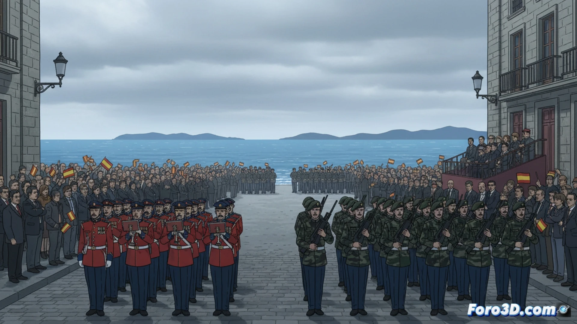 crowd of disappointed spectators at a military parade in Vigo, empty grey sky with no aircraft visible, soldiers marching on wet asphalt, military vehicles parked without aerial support, citizens looking up with frustrated expressions, handheld phones capturing nothing, austere ground-level ceremony, cinematic photorealistic visualization, overcast dramatic lighting, muted military greens and blues, distant city buildings, flagpoles with limp flags, technical illustration style emphasizing absence of expected air show elements, detailed crowd reactions, realistic textures on uniforms and vehicles