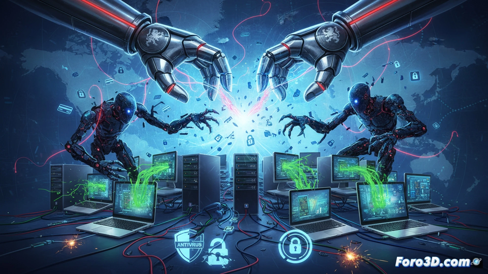 massive server room raid, dutch cyber police agents dismantling botnet command control servers, glowing red network cables being disconnected, millions of infected devices worldwide shown as tiny red dots on holographic globe, antivirus shields activating on laptop screens, data breach visualization with stolen passwords and bank credentials streaming across monitors, forensic tools analyzing malware code, dramatic blue and red emergency lighting, dust particles in spotlight beams, ultra-detailed server racks, photorealistic technical illustration, cinematic action scene