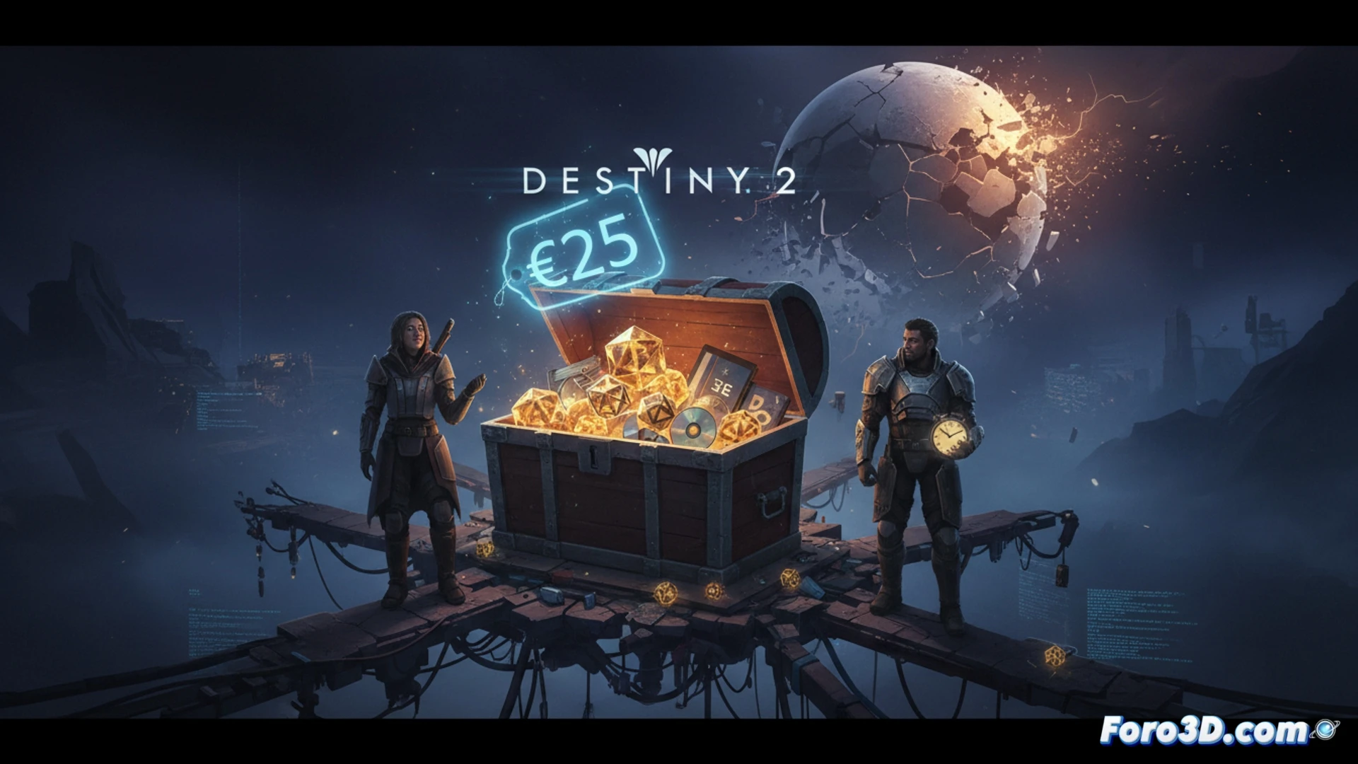 Destiny 2 Guardian armor set cracking apart during final server shutdown sequence, glowing embers escaping from fractured chest plate, holographic Bungie logo flickering and dissolving into static, abandoned Tower hub with monitors displaying error codes, ghost companion floating lifeless with dim eye, cinematic post-apocalyptic sci-fi visualization, dramatic low-angle lighting, metallic surfaces with peeling paint and rust, volumetric fog, photorealistic technical render, ultra-detailed textures, tragic heroic pose