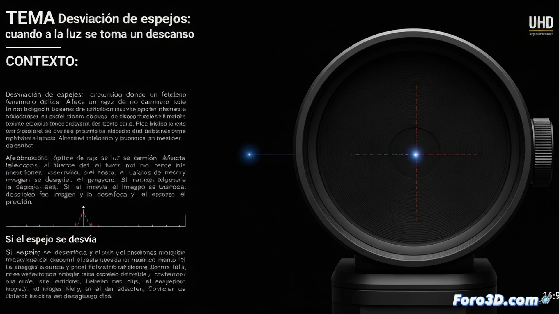 Telescopio óptico de precisión con espejo primario descentrado, rayo láser rojo incidiendo en ángulo oblicuo sobre la superficie reflectante, haz desviado formando un cono de luz dispersa en lugar de un punto focal nítido, ingeniero ajustando tornillos micrométricos en el soporte del espejo con llave dinamométrica, pantalla de software de alineación mostrando gráfico de aberración en tiempo real, fondo de laboratorio con bancada óptica y componentes metálicos, iluminación industrial tenue con destellos especulares, estilo photorealistic engineering visualization