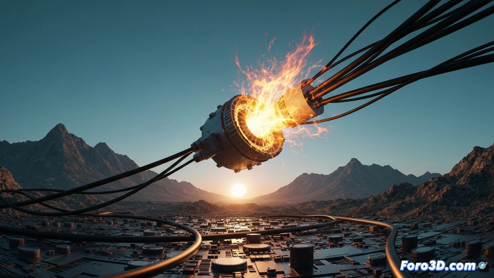 plasma arc forming between a damaged power supply cable and a motherboard connector, ionized air glowing bright blue-white, smoke trails rising from a burnt PSU capacitor, sparks jumping across a loose 24-pin ATX connector, metallic contacts showing signs of melting, dark computer case interior, dramatic red and blue lighting from the arc, cinematic engineering visualization, photorealistic detail on the silicon components and copper traces, high contrast shadows, motion blur on the electrical discharge, ultra-detailed hardware failure scene