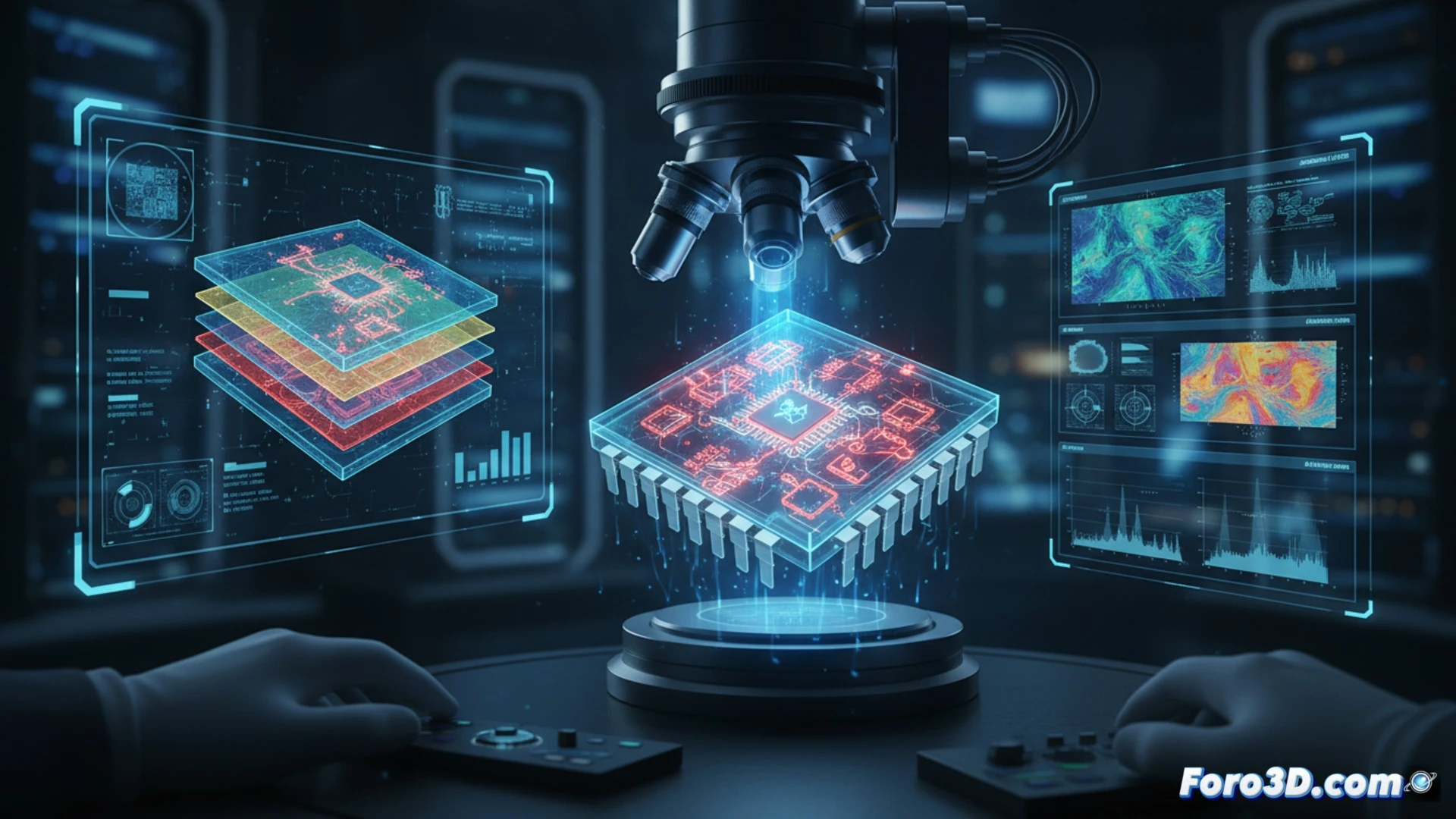 Microscopía 3D revelando capas internas de un chip semiconductor para detectar falsificaciones