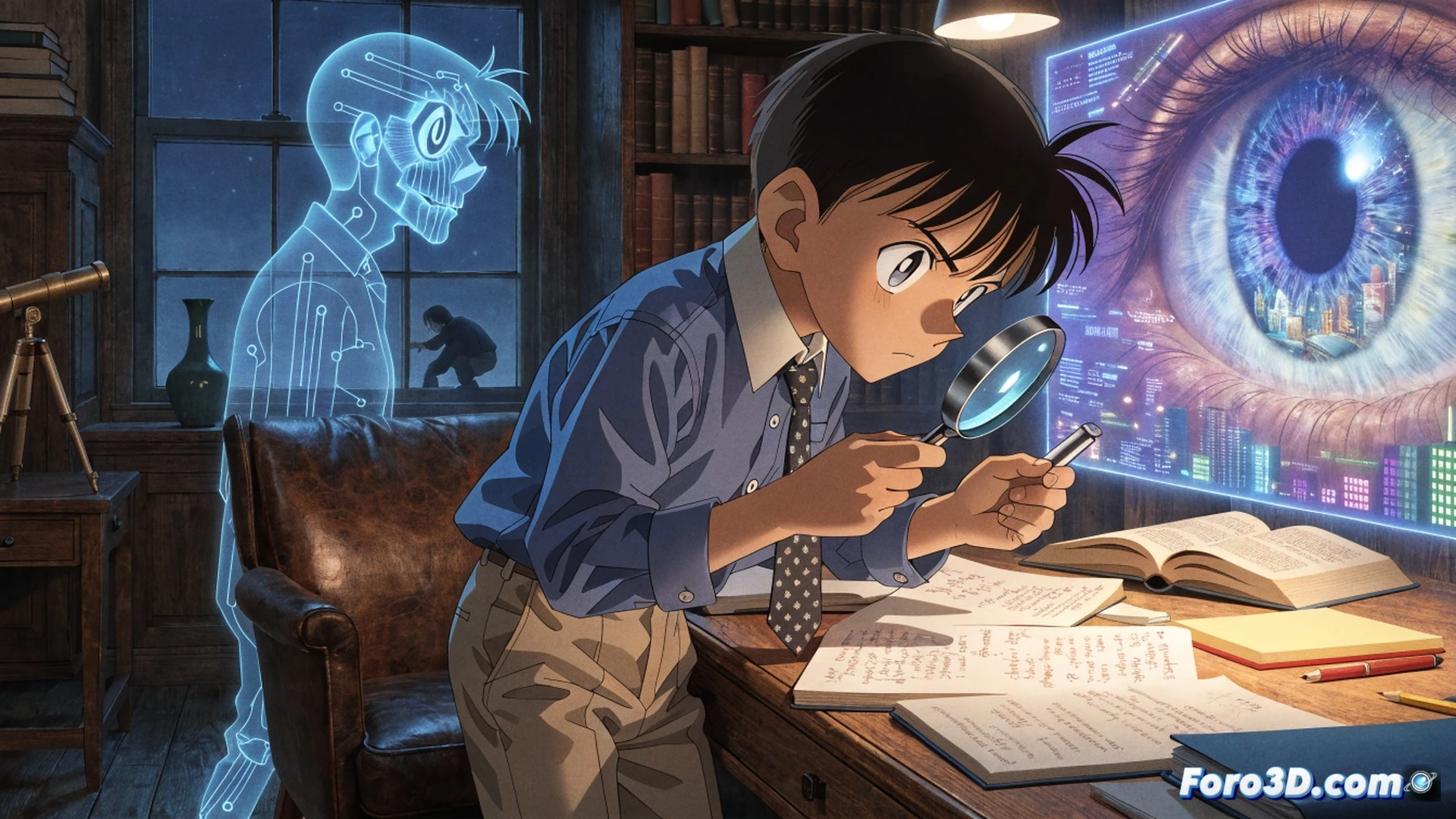 young boy in blue suit and red bow tie crouching on floor, holding a magnifying glass over a shattered smartphone on a wooden desk, scattered papers with technical diagrams and a laptop showing circuit board schematics, glowing fingerprints on the phone screen being analyzed, holographic projection of molecular structures and a syringe with green liquid floating nearby, cinematic engineering visualization, dramatic side lighting from a desk lamp, shadows casting on scattered tools and a small screwdriver, dark office background with blurred bookshelves, photorealistic technical render, high detail on the boy's glasses reflection and the magnifying glass lens distortion, action of investigation and deduction in progress