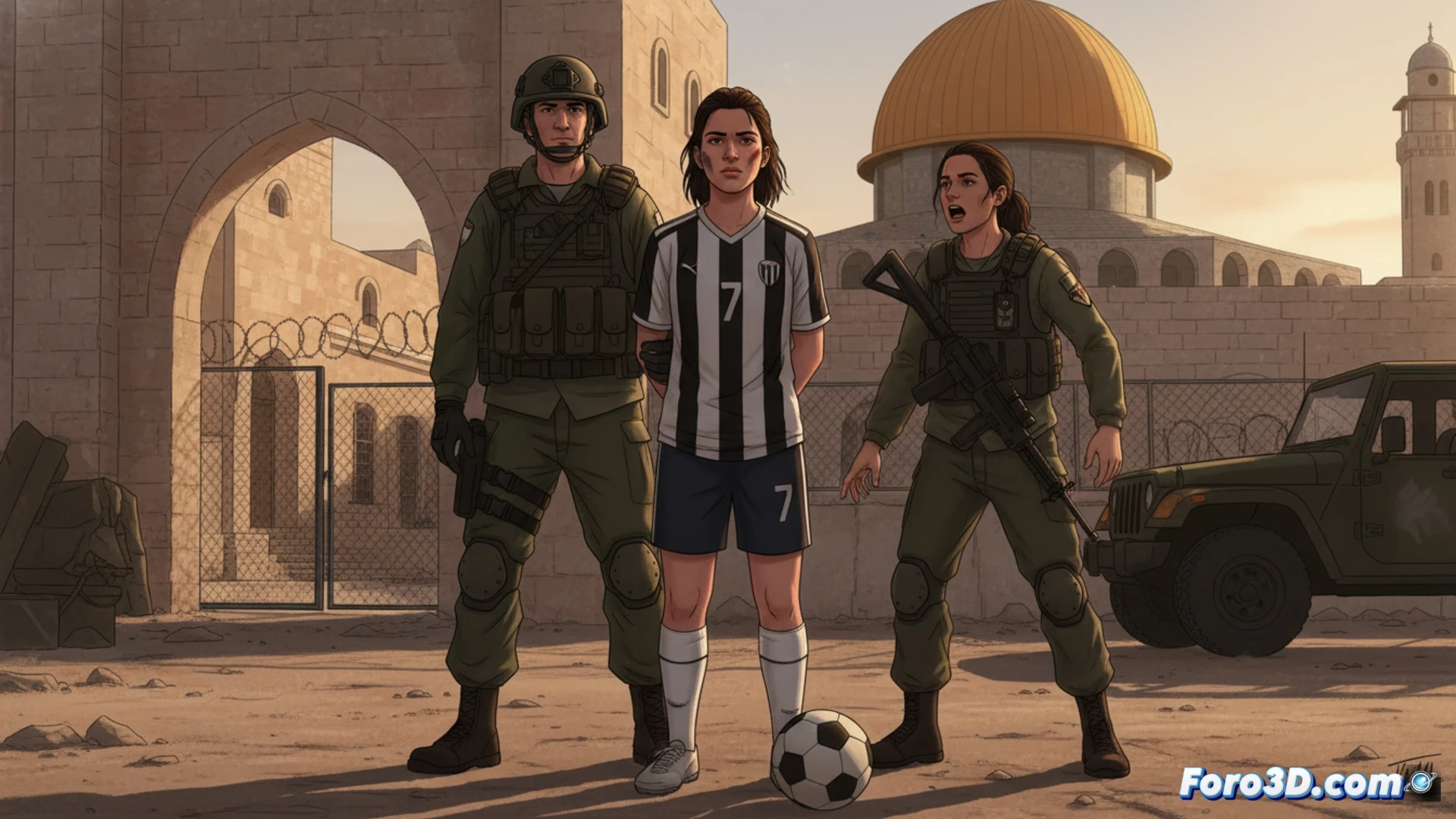 palestinian female football player in athletic uniform being handcuffed by two security forces near a stadium entrance, football boots and sports bag on the ground beside her, tactical vests and radio equipment visible on officers, dramatic confrontation scene, motion blur on struggling arms, stadium floodlights casting long harsh shadows, photorealistic documentary style, cinematic framing with low angle shot, gravel texture on ground, chain-link fence background, intense emotional tension, ultra-detailed fabric wrinkles and gear straps