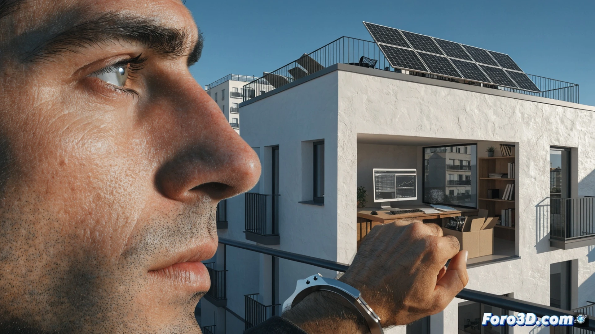Photorealistic cinematic scene of a man in a suit handing an envelope of cash to a solar panel installer, while the installer holds a tablet showing fake blueprints of photovoltaic systems, the background shows an unfinished rooftop with no solar panels installed, empty mounting rails, disconnected inverter cables, frustrated homeowner watching from a window, dramatic lighting, shadowy alley contrast, high-contrast technical illustration style, detailed facial expressions, realistic textures of concrete and metal, forensic crime scene lighting, ultra-detailed surveillance camera angle