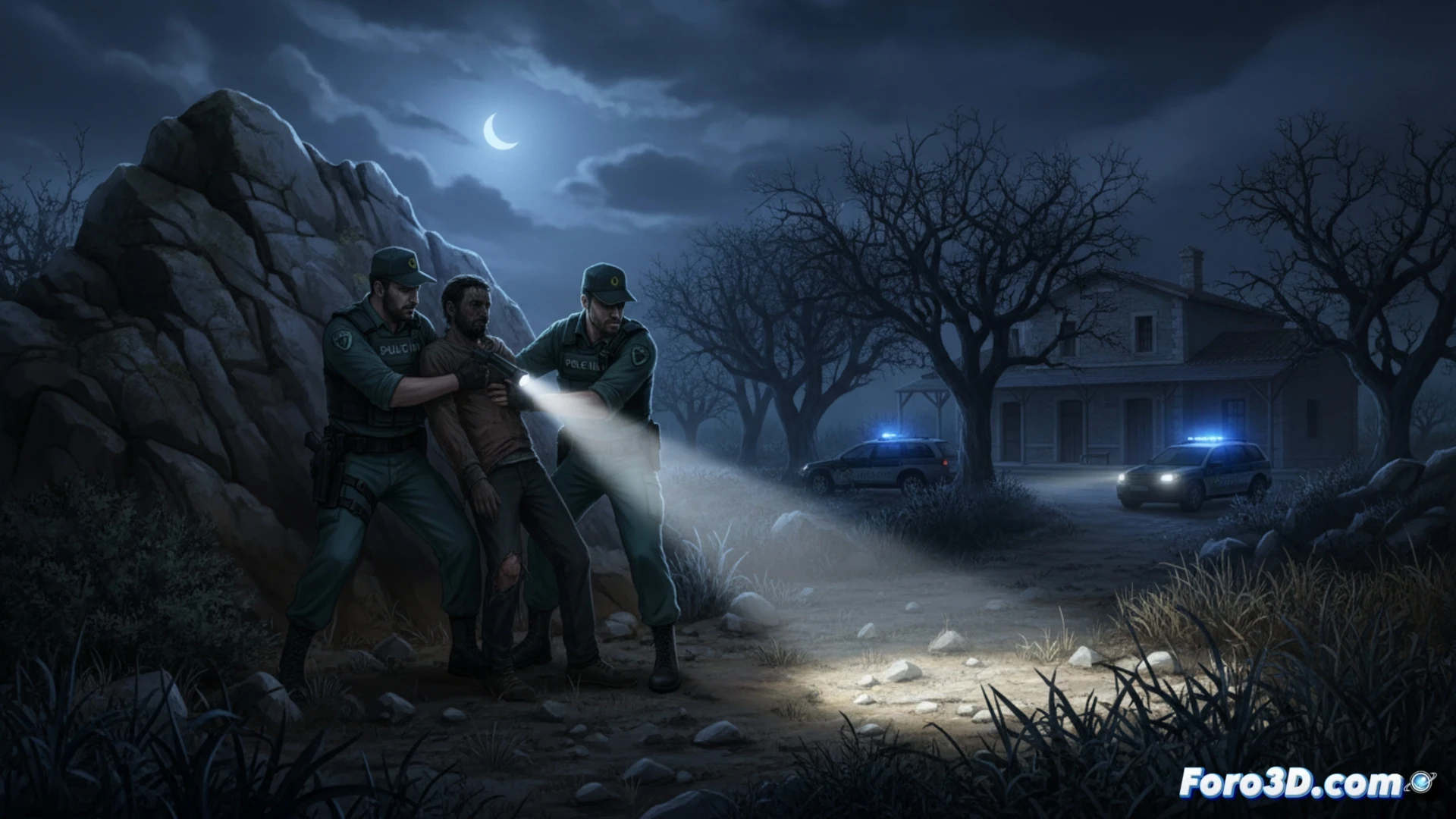 Guardia Civil agent in green uniform arresting a suspect in a rocky hillside near a train station, night operation with tactical flashlights illuminating the scene, police vehicle with blue lights in background, suspect handcuffed while kneeling on dry grass, forensic evidence markers on ground, dramatic low-angle cinematic shot, photorealistic style, high-contrast lighting, realistic textures of uniforms and vegetation, tense action moment during the arrest process