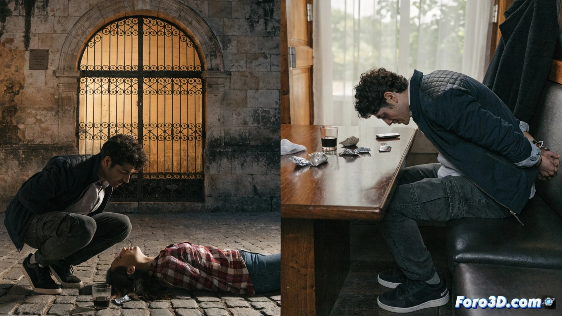 Cinematic photorealistic scene of a man in a dimly lit bar discreetly slipping a white powder into a drink while a woman looks away, his hand reaching for her smartphone on the table, another victim slumped over a nearby table, police badge and handcuffs visible on a detective entering through the door, dark wooden interior, neon sign glow, security camera in corner, dramatic shadows, shallow depth of field, ultra-detailed textures, tense atmosphere, realistic lighting