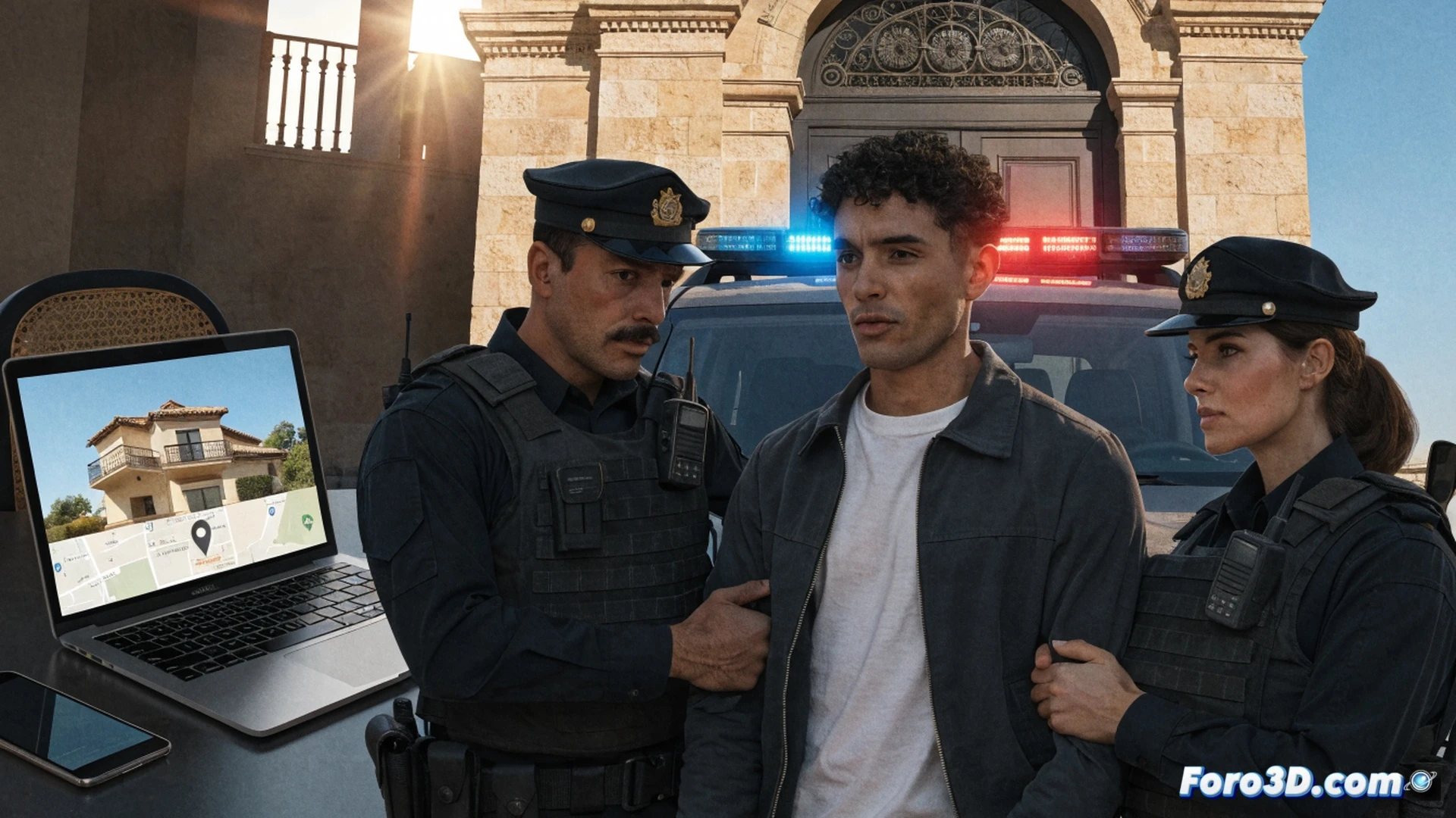 Photorealistic cinematic scene of a man in handcuffs being led by two Guardia Civil officers near a laptop on a desk, laptop screen showing a fake rental website with a glowing red warning icon, a stack of euro bills next to a smartphone displaying a bank transfer confirmation, digital padlock icon broken in half on the screen, metallic handcuffs reflecting harsh overhead light, dramatic shadows, dark blue and grey color palette, ultra-detailed textures on uniform fabric and plastic keyboard keys, forensic evidence markers on the table, high-angle shot emphasizing the arrest action, technical illustration style with crisp edges and realistic materials