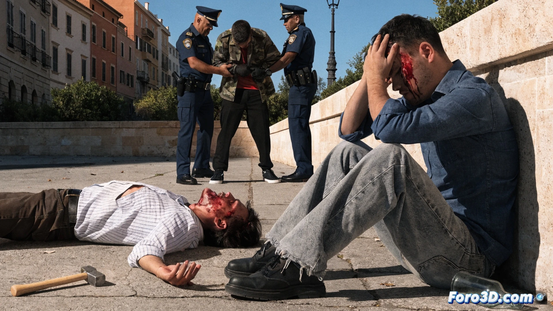 Hombre empuñando martillo manchado de rojo en postura agresiva sobre calle nocturna, segunda persona cayendo al suelo con botella rota cerca, vidrios esparcidos bajo farola urbana, pelea en progreso mostrando tensión muscular y movimiento brusco, fachadas de edificios al fondo con ventanas iluminadas, estilo cinematográfico fotorrealista, iluminación dramática de farola con sombras alargadas, textura de asfalto rugoso, detalles de ropa arrugada, atmósfera tensa y peligrosa, cámara baja en ángulo contrapicado, ultra detallado, escena nocturna urbana violenta