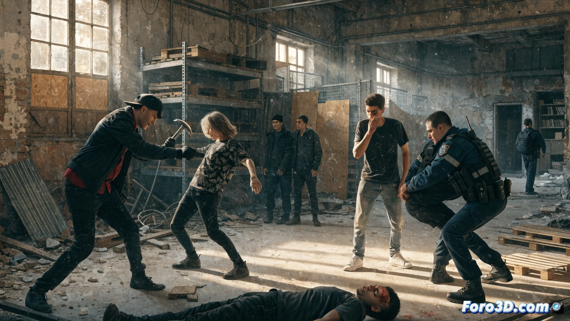 Urban street fight scene at night, two men struggling in a narrow alley, one holding a blood-stained hammer mid-swing, the other stumbling backward with a head wound, broken glass and debris scattered on wet asphalt, police patrol car blue-red lights flashing in background, cinematic photorealistic style, dramatic chiaroscuro lighting, gritty texture, motion blur on swinging arm, hyper-detailed facial expressions of aggression and pain, rain-drenched pavement reflecting neon signs, tense action frozen in time