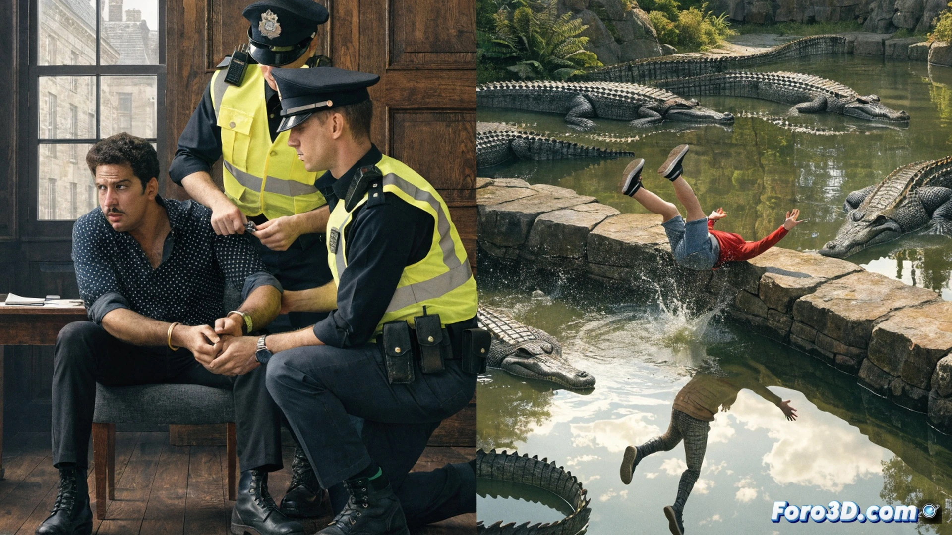 photorealistic forensic reconstruction of a zoo enclosure incident, a three-year-old child falling from a broken safety railing into a crocodile pit, fractured wooden barrier showing tool marks, concrete edge with missing bolt holes, CCTV camera angle from above, crocodile heads emerging from murky green water, child's shoe slipping off during descent, dramatic side lighting casting long shadows, technical crime scene visualization with measurement markers on the railing, ultra-detailed textures of rusted metal and wet concrete, cinematic wide-angle lens, tense frozen moment of action
