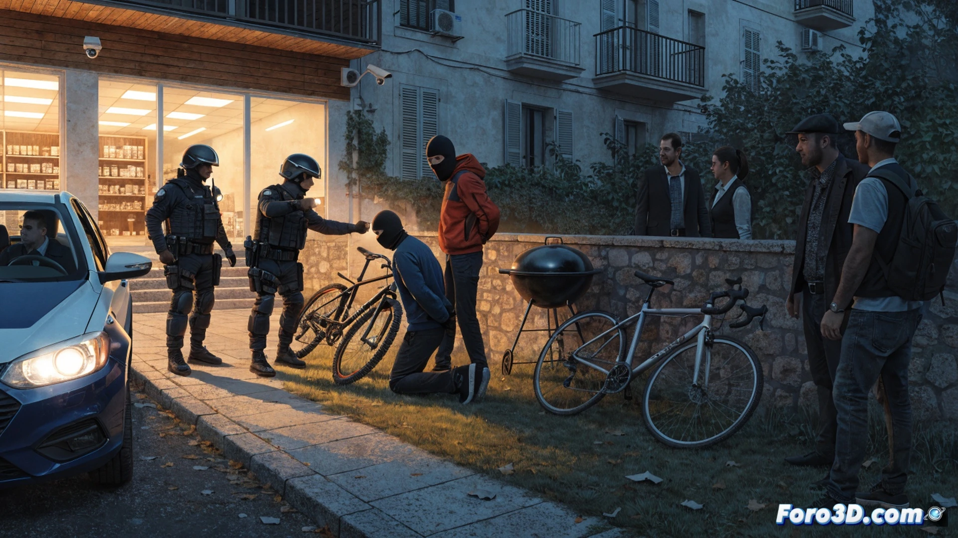 nighttime crime scene, two masked figures cutting a hole in a metal shed wall with a power saw, sparks flying, stolen bicycles and a barbecue grill visible inside the shed, security camera on a pole recording the action, red and blue police lights approaching in the distance, cinematic photorealistic style, dramatic low-key lighting, high contrast shadows, gritty urban texture, detailed tool surfaces, motion blur on saw blade, ultra-detailed security camera lens reflection, technical crime reconstruction illustration
