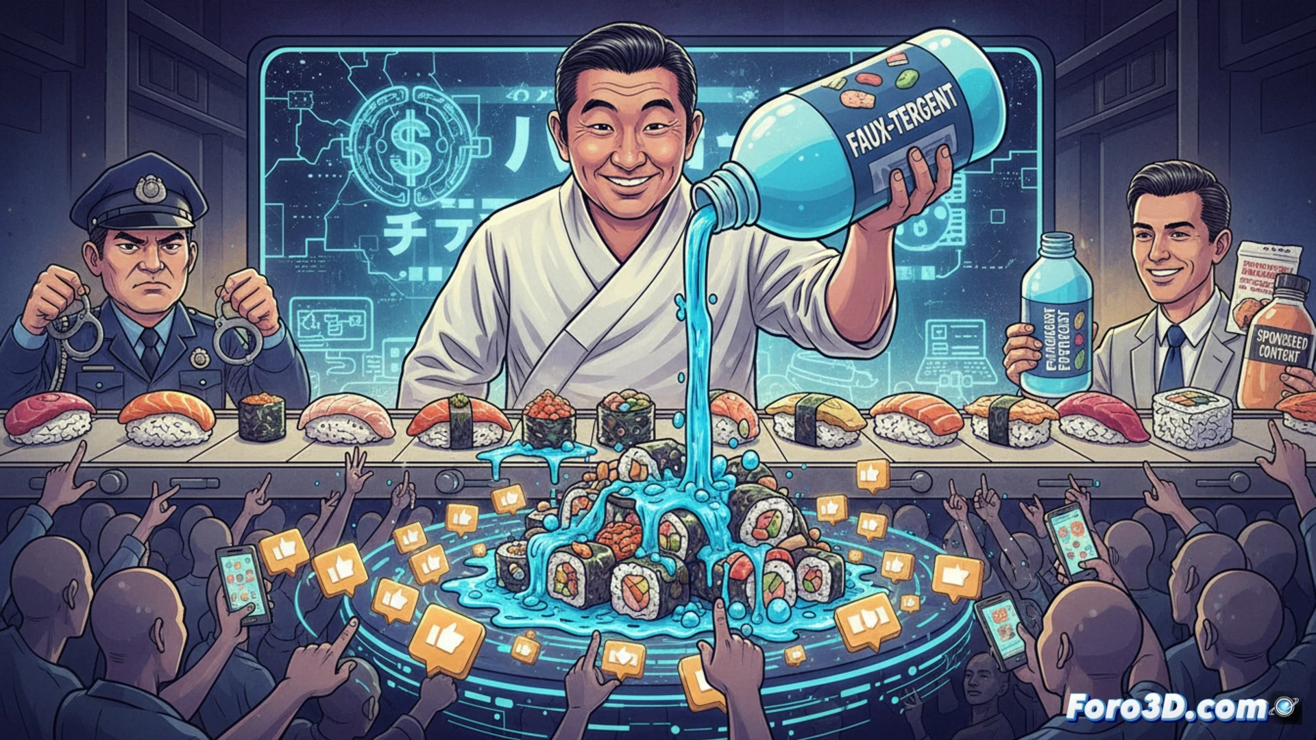 Un hombre japonés vierte detergente falso sobre sushi en un plato, grabando con su móvil. Fondo de cocina, expresión seria. Simboliza la búsqueda absurda de fama y likes.