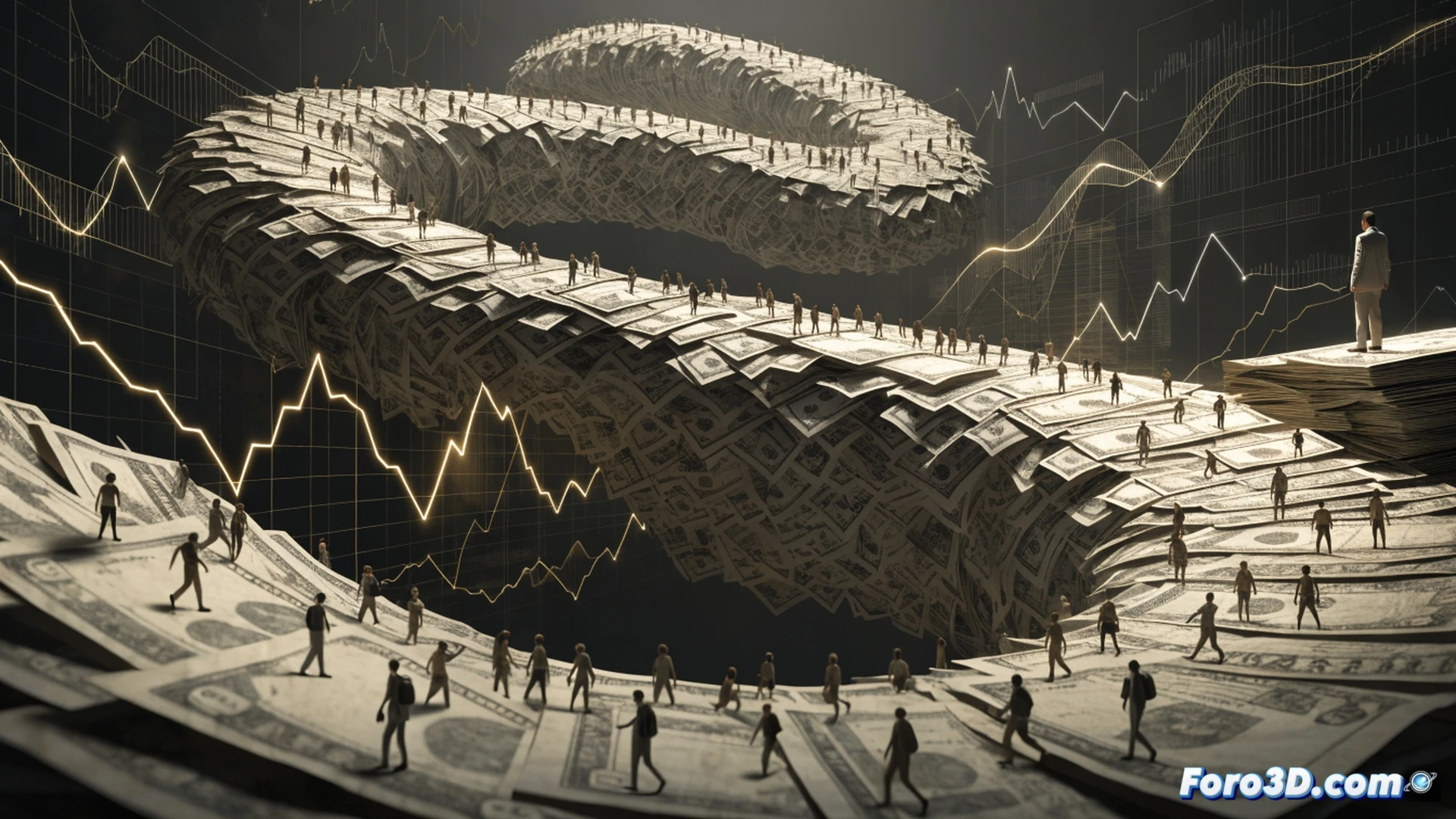 financial document audit scene, politicians in suits pushing piles of paper labeled with budget figures onto a scale labeled debt, while a magnifying glass hovers over a spreadsheet showing cut healthcare and education icons, a broken gear labeled fiscal responsibility lies on the floor, cinematic technical illustration, dramatic shadow lighting, photorealistic render, detailed paper textures, glowing red debt line climbing upward, action of hands stacking coins onto a tipping balance, ultra-realistic office environment