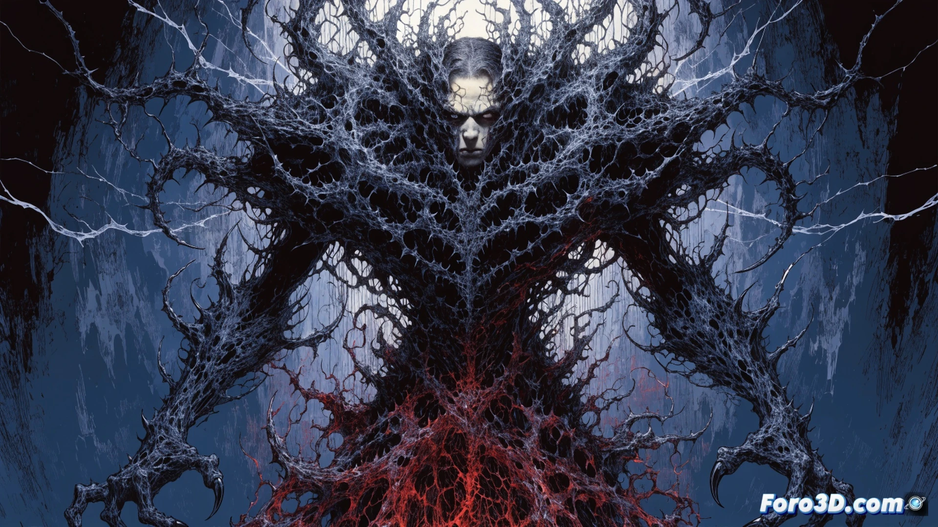 Akira Fudo transformándose en Devilman, su cuerpo humano partiéndose mientras carne demoníaca negra y alas brotan de su espalda, cadenas rotas de su antigua humanidad flotando a su alrededor, fondo de un laboratorio oscuro con monitores rotos mostrando estática, estilo cinematográfico oscuro, iluminación dramática con sombras profundas, texturas de carne y metal fundiéndose, expresiones de dolor y rabia en su rostro medio demoníaco, detalles hiperrealistas de músculos y venas, atmósfera nihilista y violenta, render fotorrealista