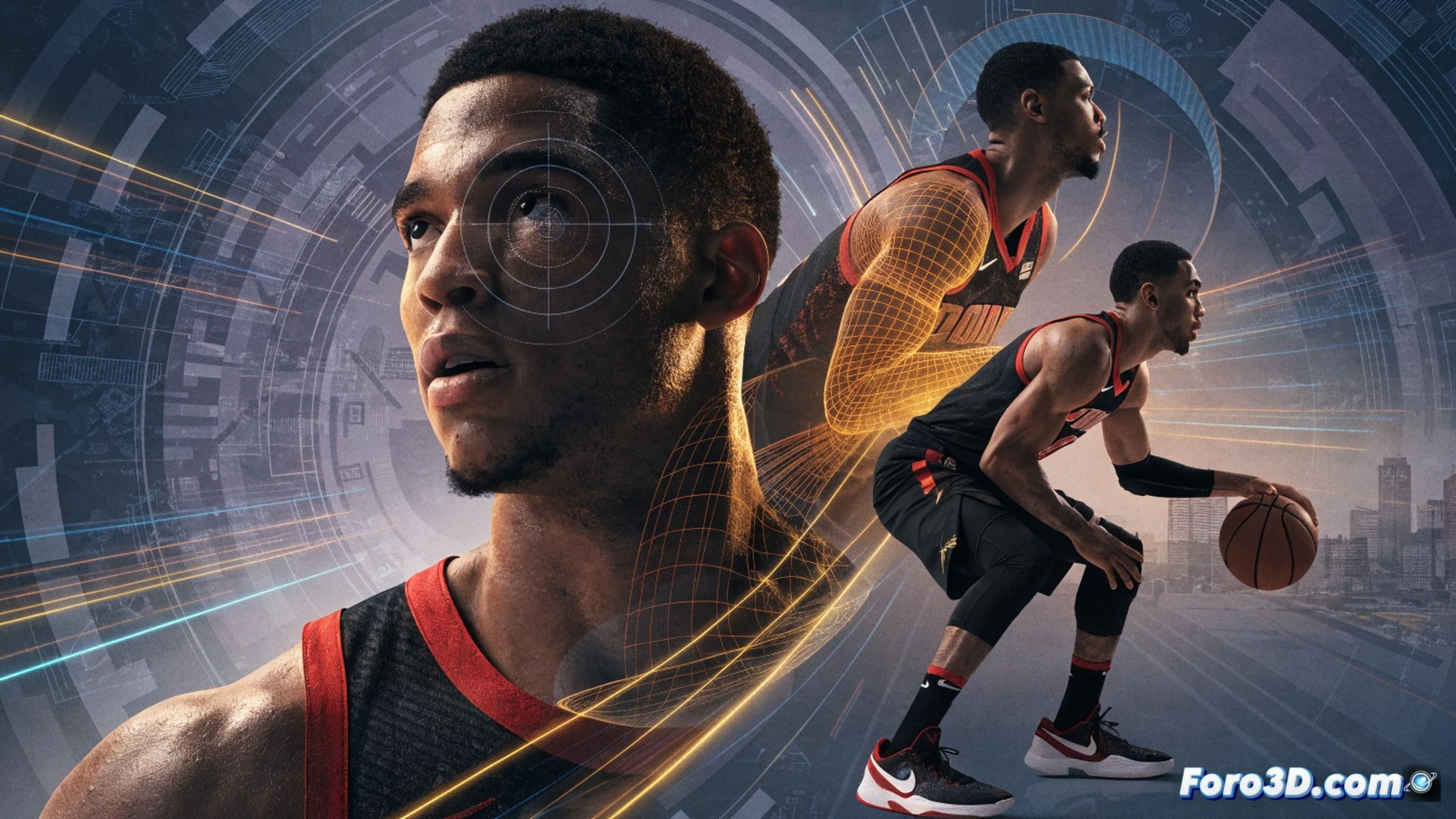 NBA point guard Devin Booker in a 3D motion capture studio, mid-range jump shot form being analyzed, skeletal wireframe overlay tracking his shooting mechanics while a defensive player approaches, basketball trajectory arc shown with dashed glowing lines, surrounding holographic screens displaying defensive reading zones and off-ball movement heatmaps, cinematic technical illustration style, dark studio background with blue and orange neon accents, photorealistic athlete model, muscle tension visible during release, high-speed camera motion blur effect