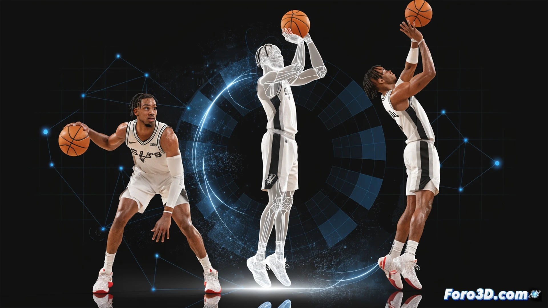 Cinematic 3D analysis of basketball player in motion, side view showing high release point jump shot with elevated launch angle, biomechanical wireframe overlay highlighting arm trajectory and wrist snap during shot, defensive stance with extended wingspan disrupting passing lane, glowing trajectory lines tracing ball path from hand to hoop, technical illustration style with translucent skeletal markers, dark gym background with subtle grid floor, dramatic rim lighting on player silhouette, photorealistic sports science visualization