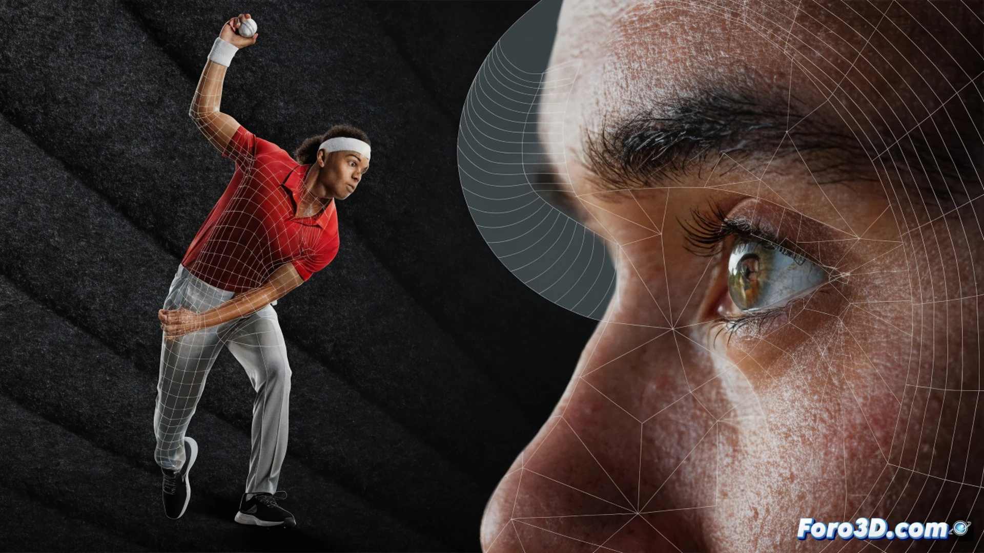 cricket batter Devon Conway in mid-stroke, 3D wireframe overlay tracking his compact backlift and wrist rotation, multiple ghosted positions showing early reading of ball length, glowing trajectory lines from bat face to gaps in field, technical engineering visualization with biomechanical joint angles and peripheral vision cone highlighted in translucent blue, photorealistic render, cinematic lighting on pitch, ultra-detailed bat and gear, motion blur on ball, dramatic low angle