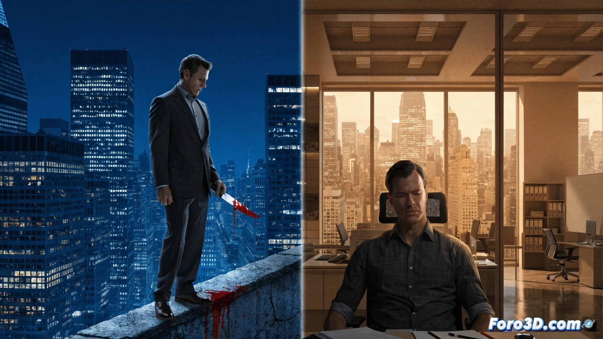 Dexter Morgan de pie sobre un tejado de Nueva York al atardecer, sosteniendo una jeringa hipodérmica mientras observa a través de binoculares de visión nocturna a un asesino en serie en la calle abajo, mapa digital de Manhattan iluminado en una tableta junto a herramientas quirúrgicas envueltas en plástico, cicatrices en su rostro y canas en su cabello indicando el salto temporal, rascacielos de vidrio y acero reflejando luces anaranjadas, estilo cinematográfico oscuro, iluminación dramática de neón azul y sombras profundas, texturas fotorrealistas en el cuero de su chaqueta y el metal de los instrumentos, composición de thriller policial nocturno.