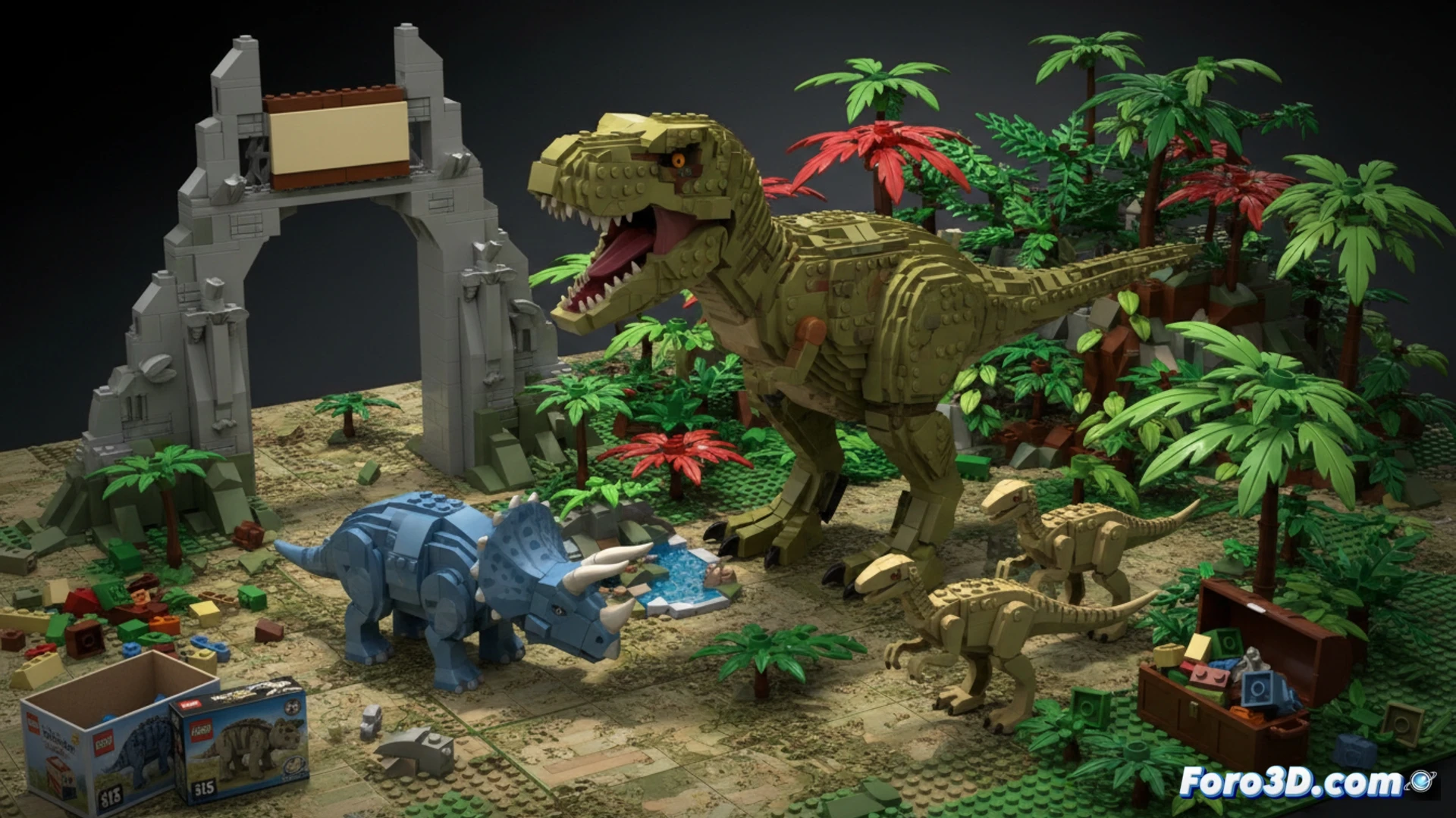 Photorealistic scene of a living room floor transformed into a miniature Jurassic Park construction zone, a partially built Tyrannosaurus Lego model mid-assembly surrounded by scattered plastic bricks, a small screwdriver and instruction booklet visible, a generic Triceratops kit being snapped together by a child’s hand in the foreground, dramatic side lighting casting long shadows from dinosaur figures, dust motes floating in warm afternoon sunlight, ultra-detailed plastic textures and brick interlocking joints, cinematic technical illustration style, dynamic action of building process demonstrated