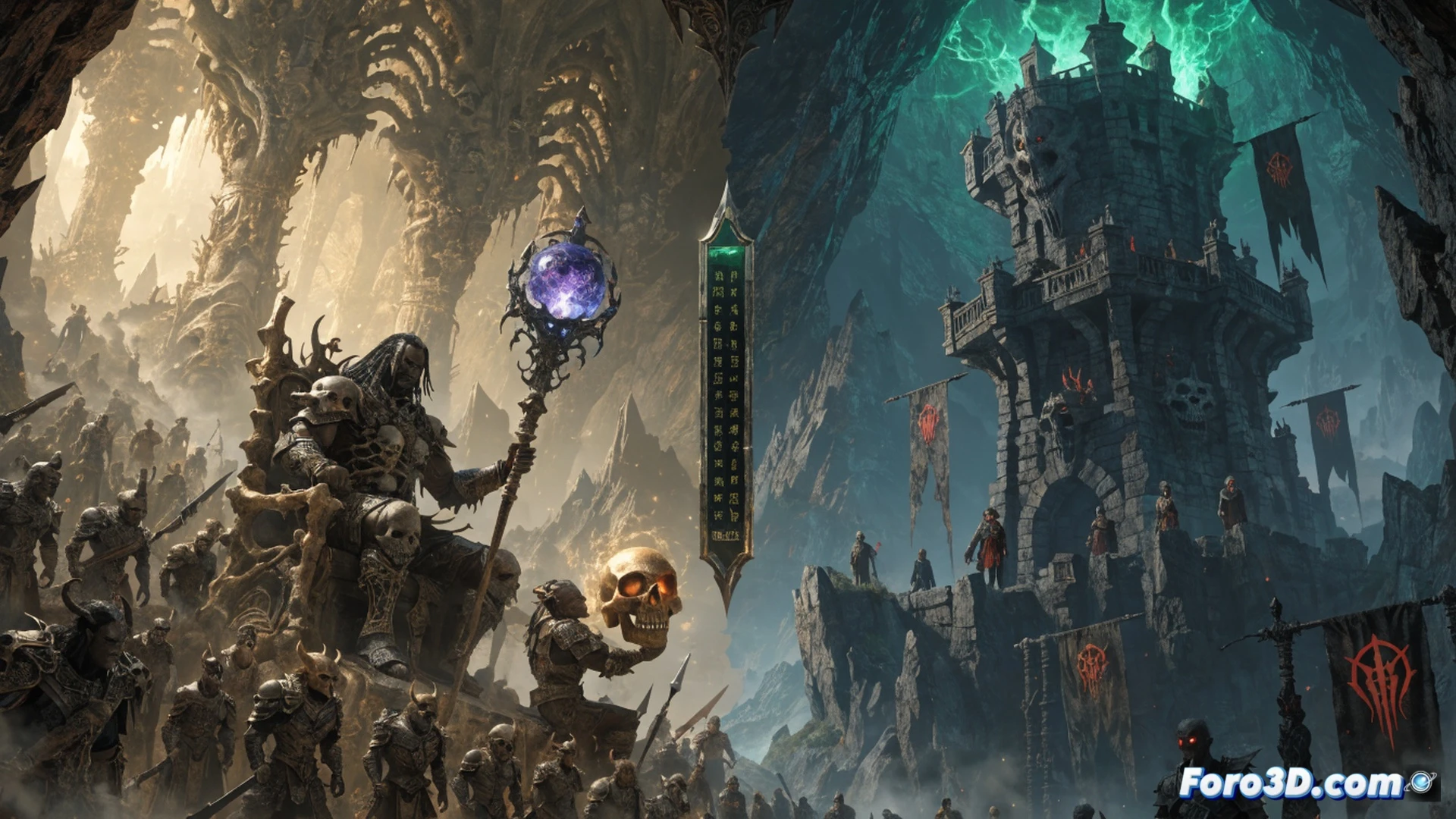 three stone towers surrounded by swirling dark energy on a cracked obsidian table, glowing rift splitting the table in half, mythical unique items floating above each tower with golden auras, a spectral death knight figure standing between the towers holding a balancing scale, one side of the scale showing a simplified gear icon, the other showing a complex rune-covered mechanism, cinematic Diablo 4 dark fantasy style, dramatic red and purple lighting, volcanic ash particles in the air, ultra-detailed stone textures, glowing rune inscriptions on the towers, photorealistic dark fantasy render, epic low-angle composition