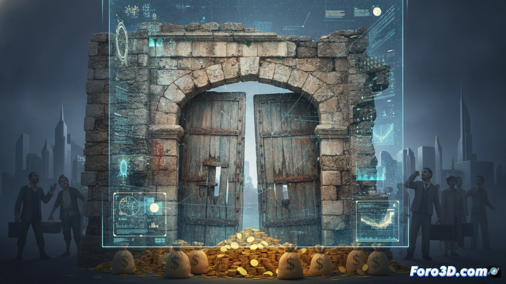 A crumbling Puertas de Tierra stone arch in Cádiz, a laser scanner on a tripod actively projecting a grid of blue beams onto cracked masonry, a floating 3D point cloud hologram showing the same arch with highlighted structural failures, a gloved hand holding a tablet displaying a detailed damage map, no repair tools visible, dramatic golden sunset contrasting with decaying stone, photorealistic technical illustration, cinematic wide shot, ultra-detailed textures, realistic lighting