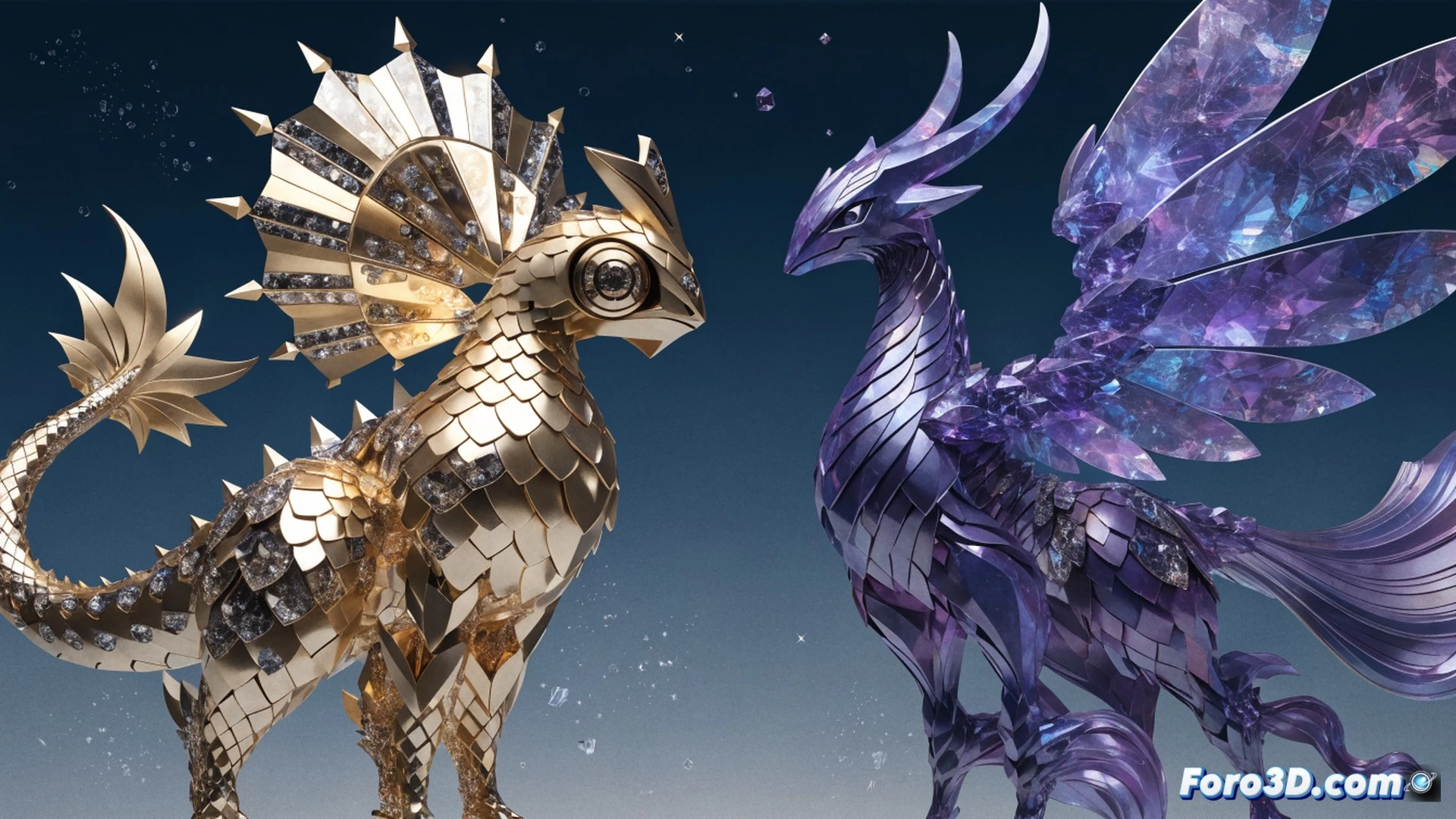 Two legendary Pokémon figures displayed on a glossy black pedestal, Dialga and Palkia mid-battle pose, one with metallic blue claws extended, the other with pearl-white fins glowing, surrounded by scattered plastic prototype parts and 3D modeling software interface on a translucent screen behind, technical illustration style, sharp studio lighting casting long shadows, textured resin surface showing layer lines, precise scale ruler placed beside them, photorealistic engineering visualization, action demonstrating assembly process during final quality inspection