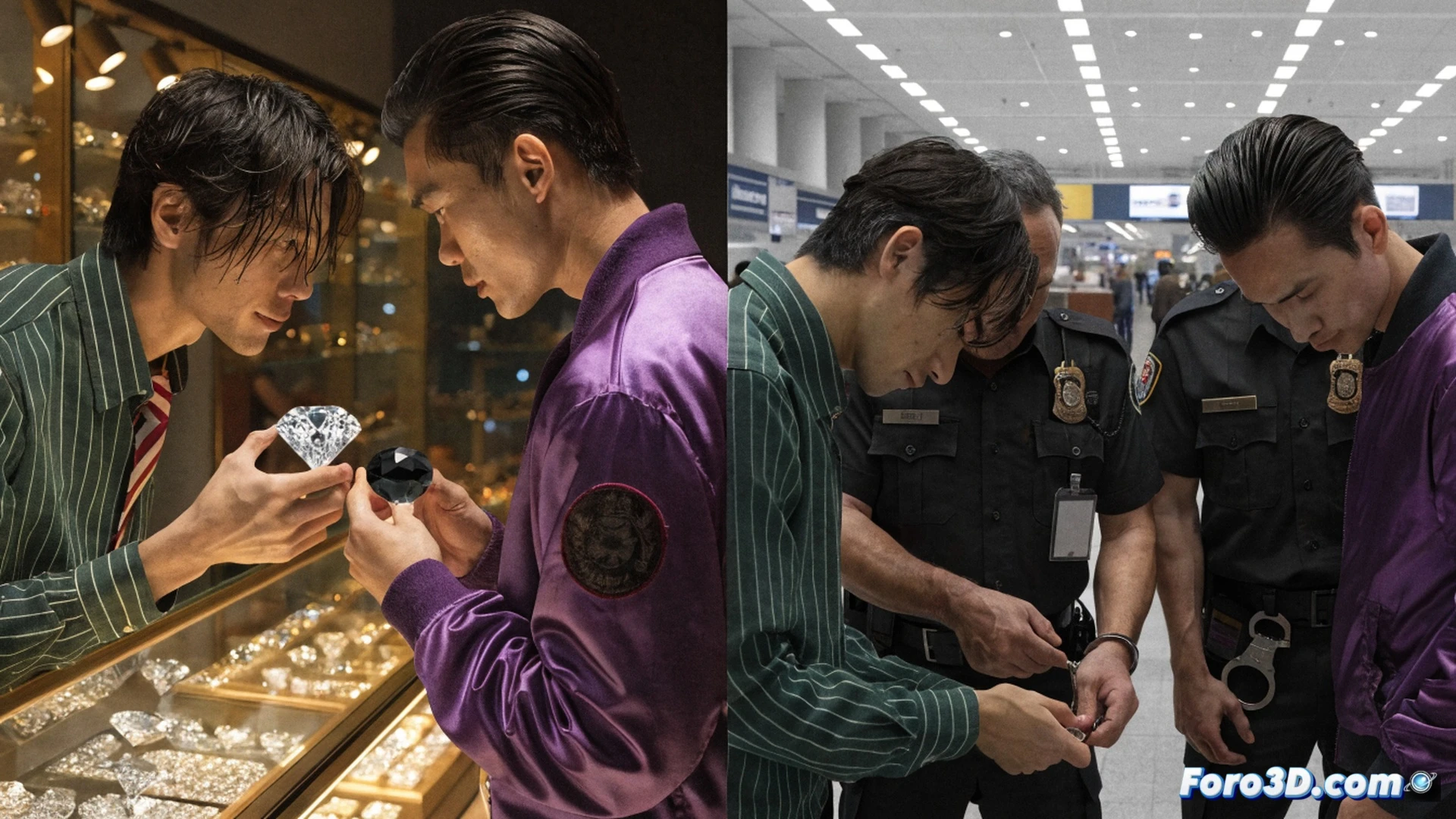 two men in suits exchanging a diamond and a fake stone at a jewelry counter, one man’s hand sliding a loupe over the counterfeit while the other pockets the real gem, security cameras overhead capturing the swap, police officers bursting through an airport gate three hours later, handcuffing one man while the other drops a velvet pouch, a loose diamond rolling across the polished floor, forensic evidence markers on the ground, airport terminal background with flight departure screens, cinematic photorealistic style, dramatic overhead lighting, shallow depth of field, high-contrast shadows, ultra-detailed gemstone refraction, polished metal surfaces, technical crime scene visualization