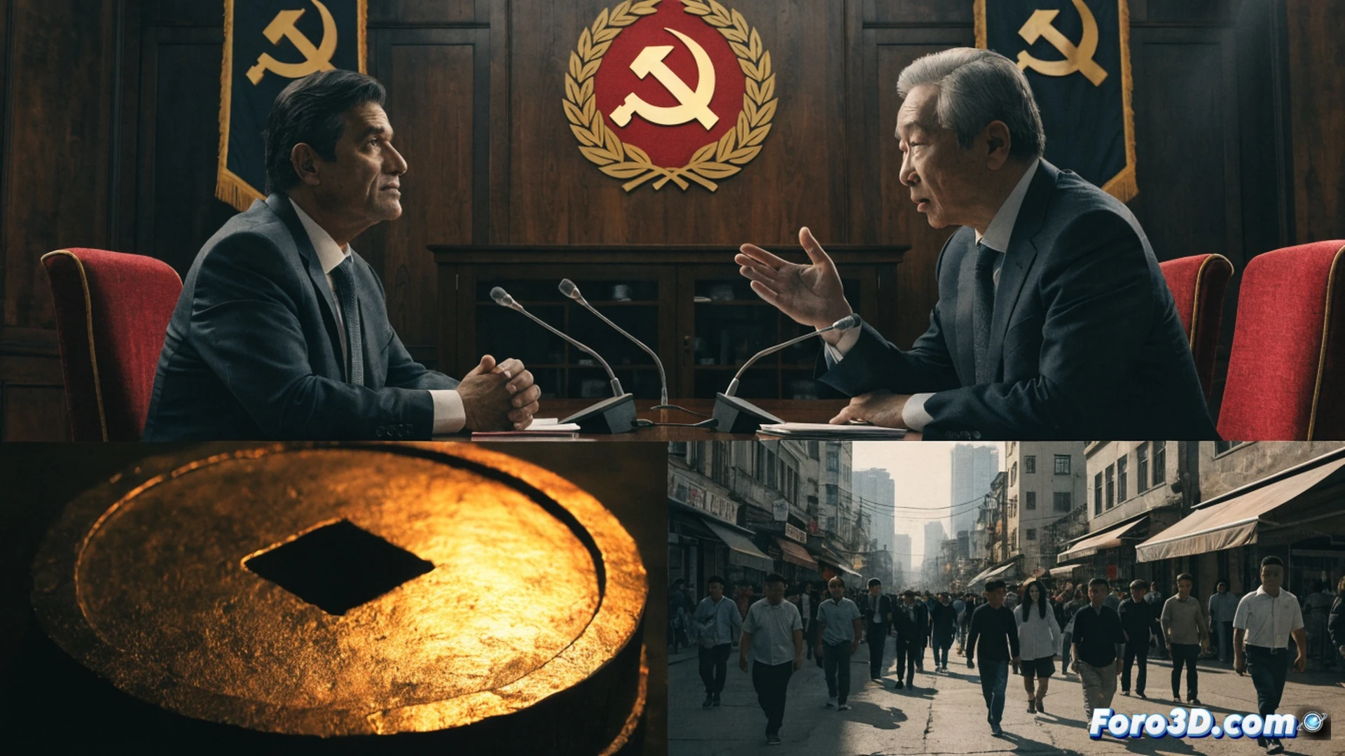 Cuban president Miguel Díaz-Canel standing at a podium inside a modernist party assembly hall, raising a hand while pointing to a large digital screen showing a side-by-side comparison of Shanghai skyline and Havana street market, holographic economic growth charts floating above the screen, party officials seated in rows taking notes, warm amber lighting contrasting with cool blue data projections, cinematic photorealistic style, wide-angle lens capturing the full room, subtle dust particles in the air, serious expressions, technical conference atmosphere, ultra-detailed fabric textures and screen pixels